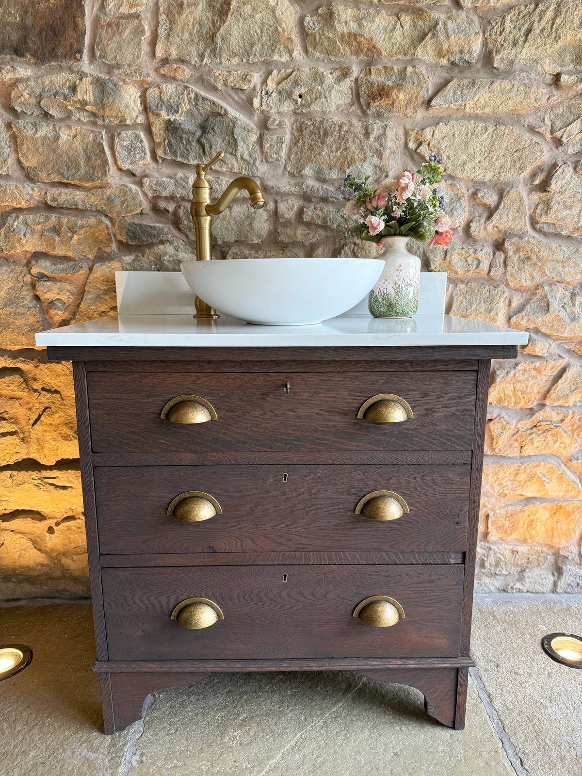 Vintage Solid Oak Vanity Sink Unit, in a Classic Dark Oak, Quartz Top, Upstand and Basin (79cm)