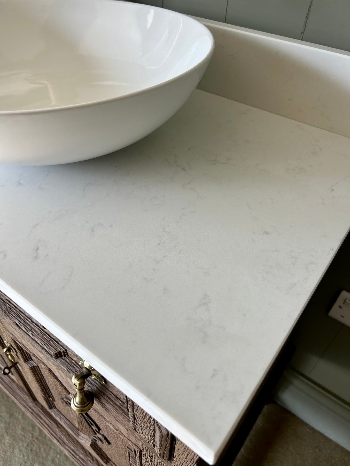 Vintage Solid Oak Vanity Sink finished in a Mid Oak, quartz top, Upstand and basin (75cm wide)
