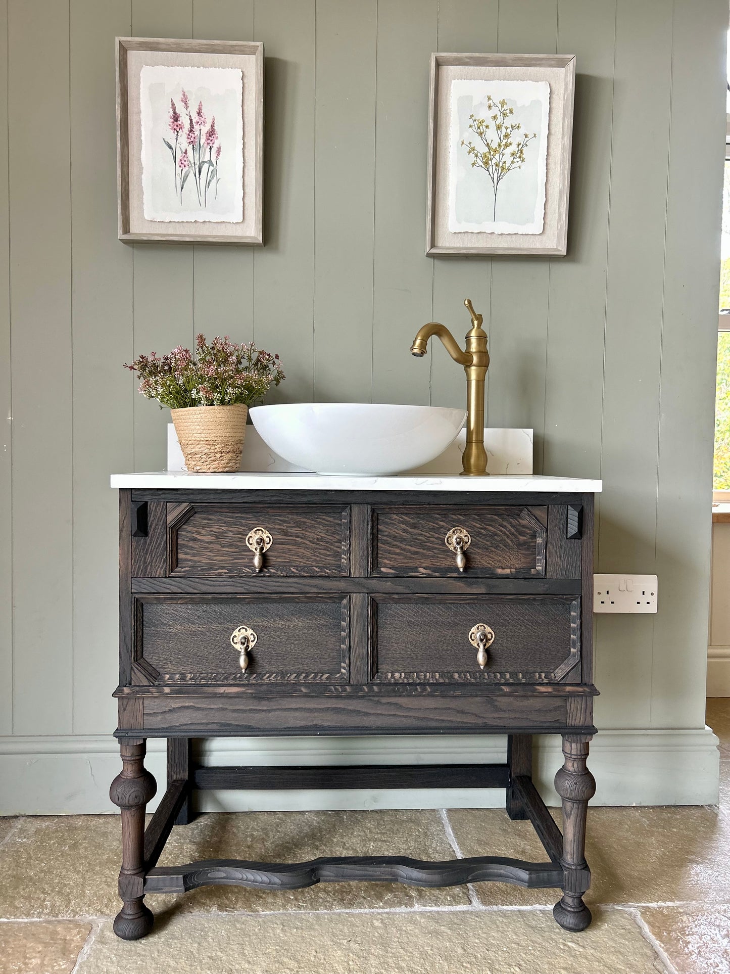 Dark Solid Oak Vintage Vanity Sink with quartz top, Upstand and Basin. 76cm wide