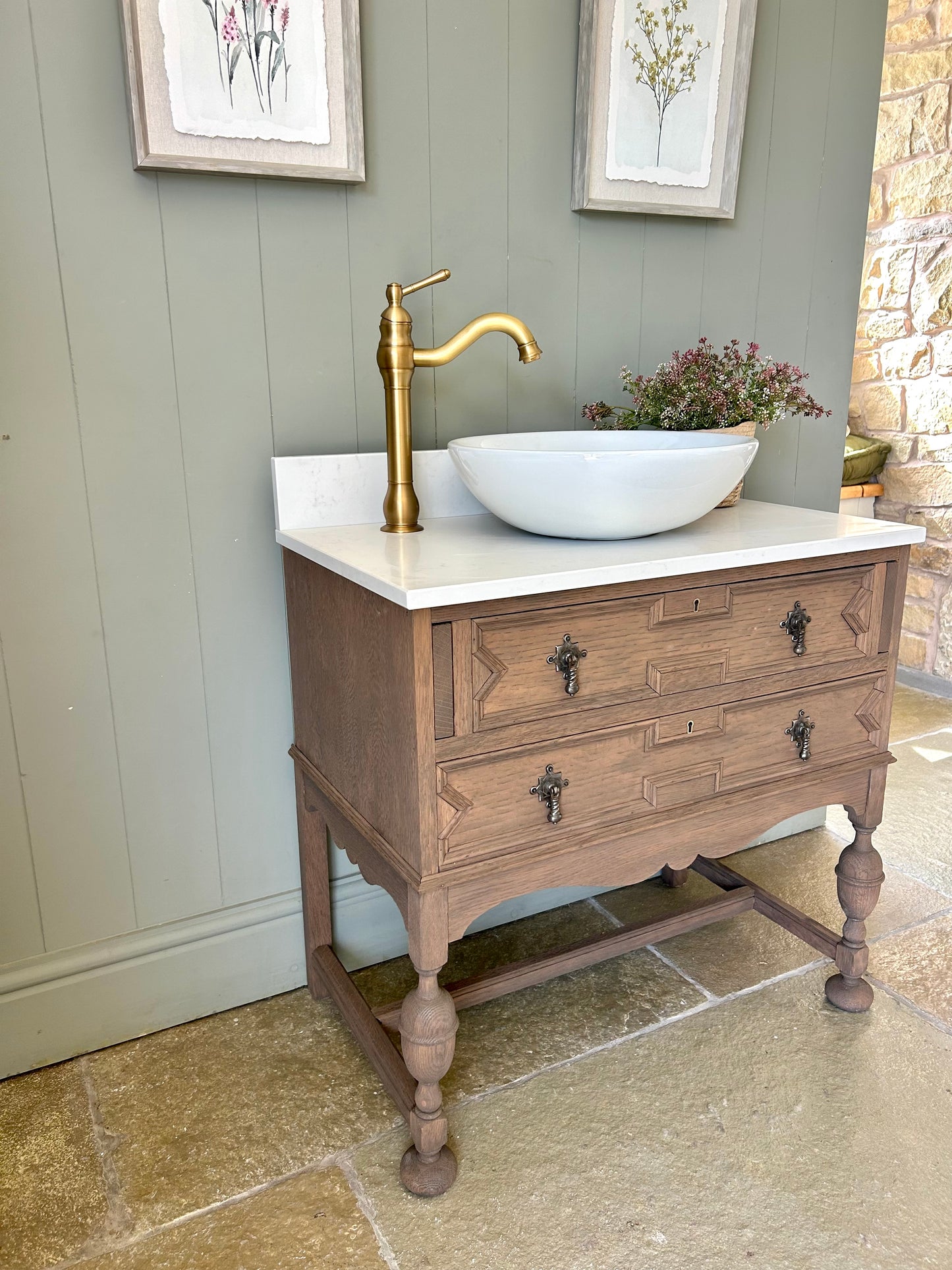 Vintage Single Mid Oak Vanity Sink, Quartz top, Upstand and basin (78cm wide)