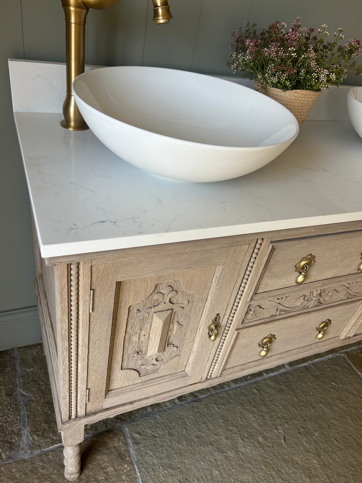 Double Vintage Oak Vanity Sink. Quartz top, Upstand and Basins 123cm wide