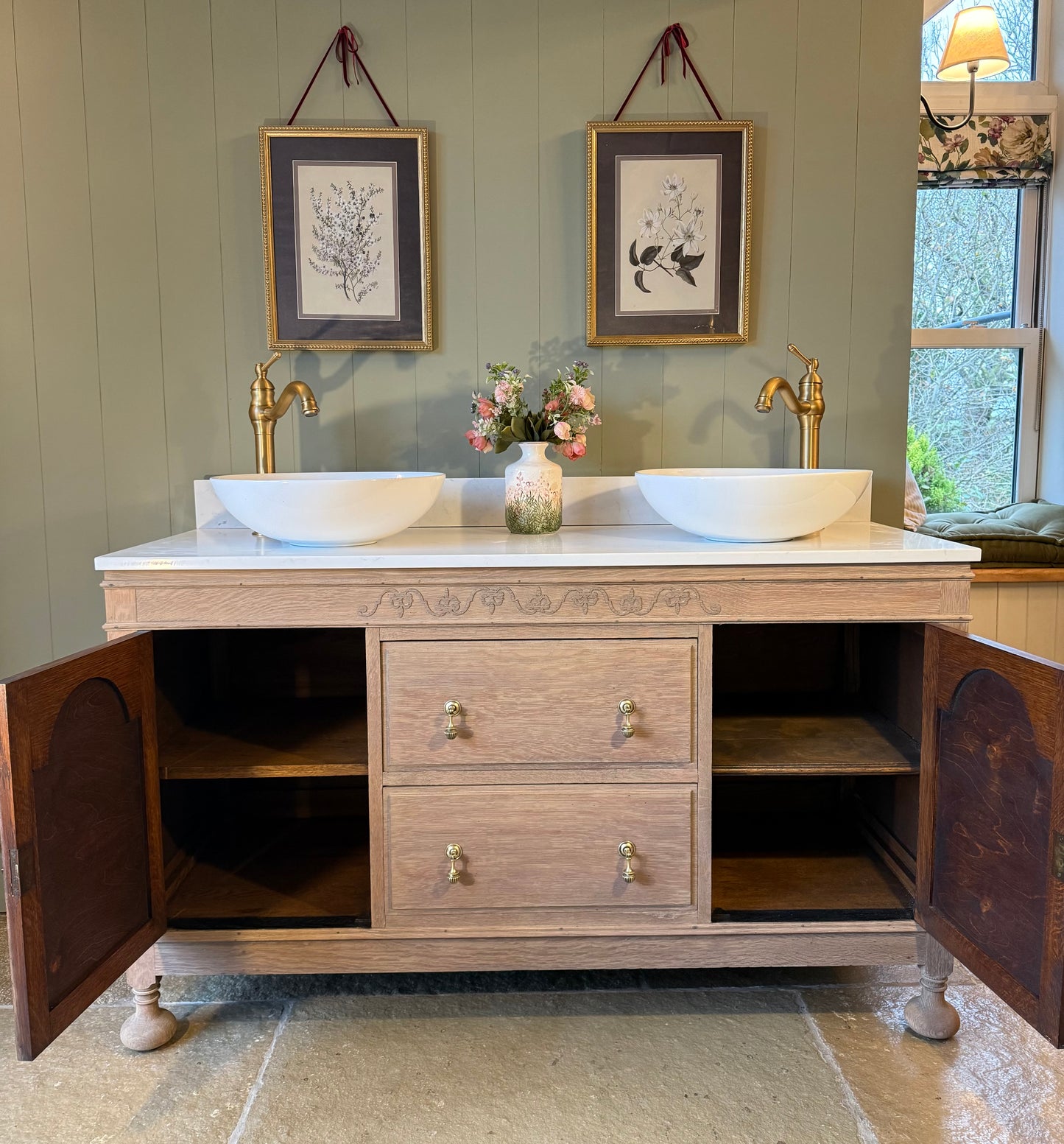 Vintage Oak Double Vanity Sink, Quartz top, Upstand and two basins (138cm wide)