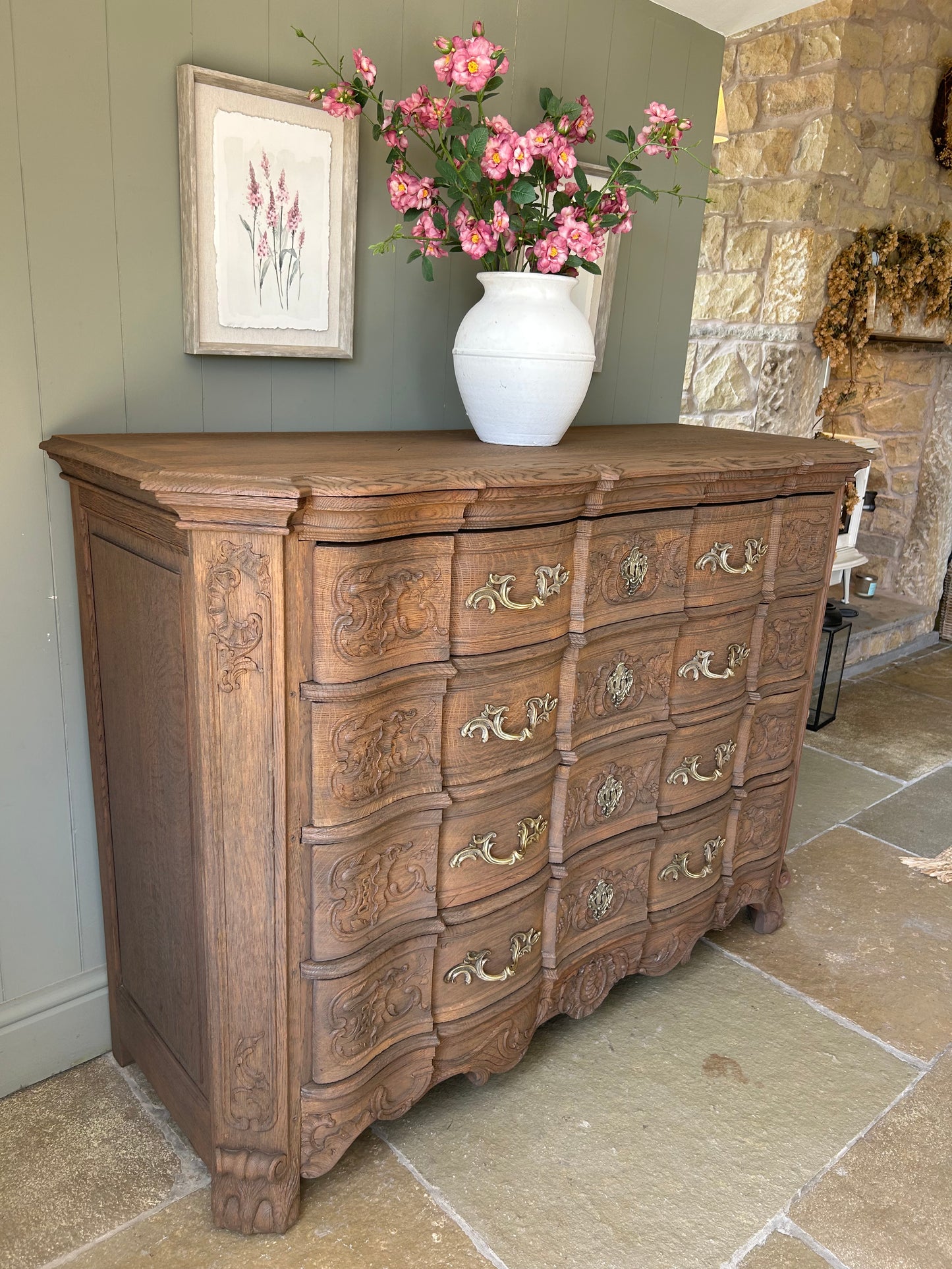 Large Antique French (c1890) Chest of Drawers, solid oak finished in a warm mid oak.