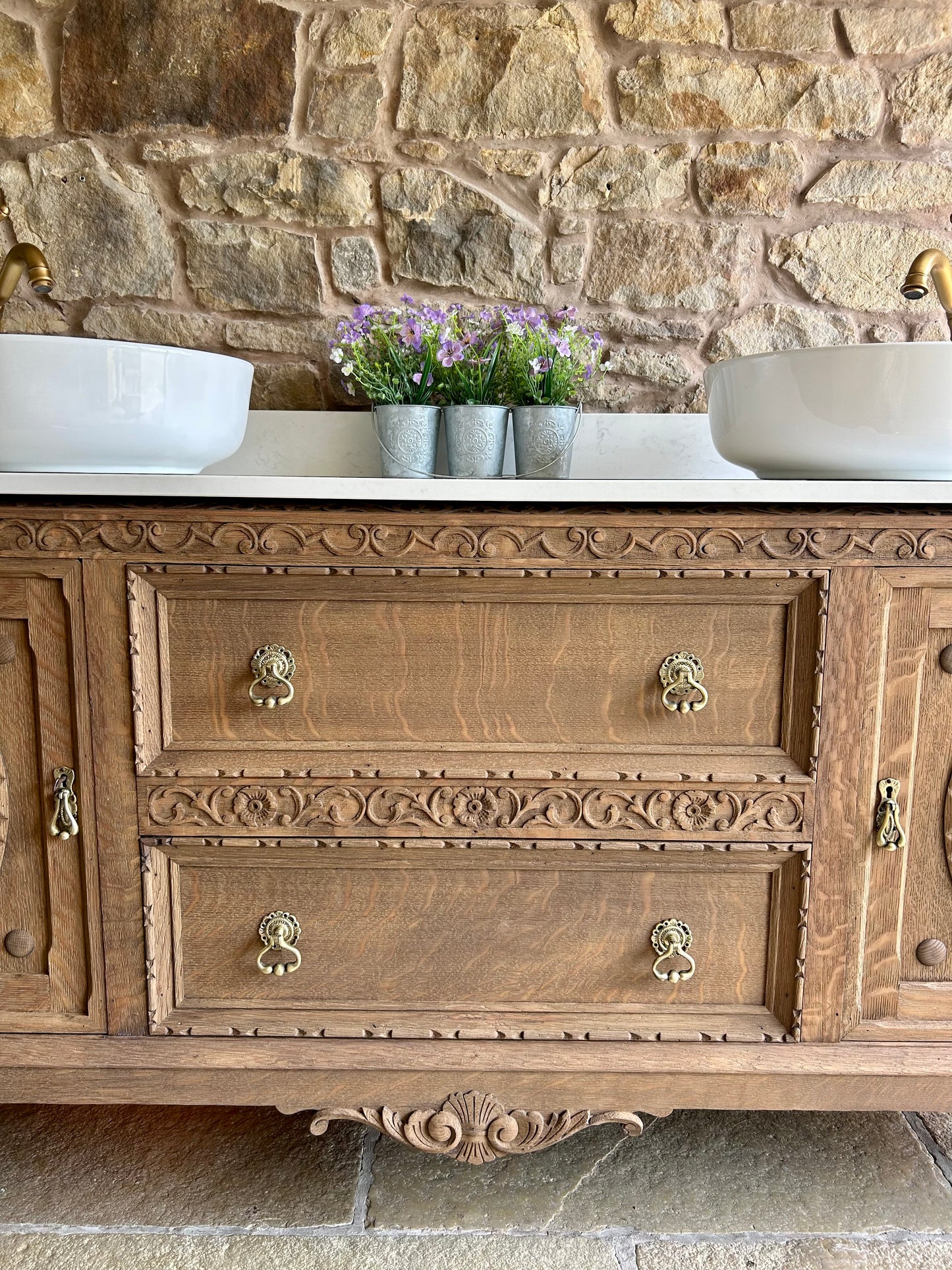 Extra Large Double Vanity Sink in Mid Oak, two counter top basins, Quartz top and Upstand. (181cm wide)
