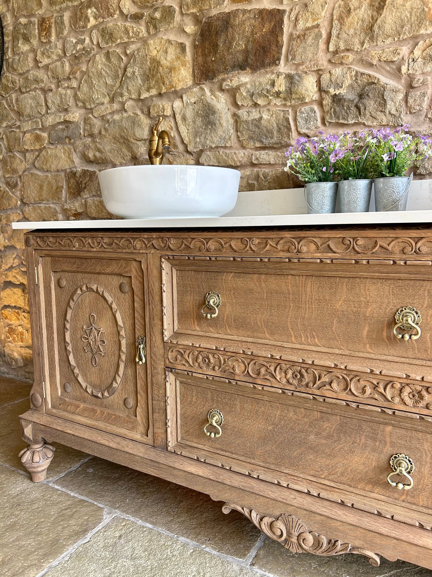 Extra Large Double Vanity Sink in Mid Oak, two counter top basins, Quartz top and Upstand. (181cm wide)