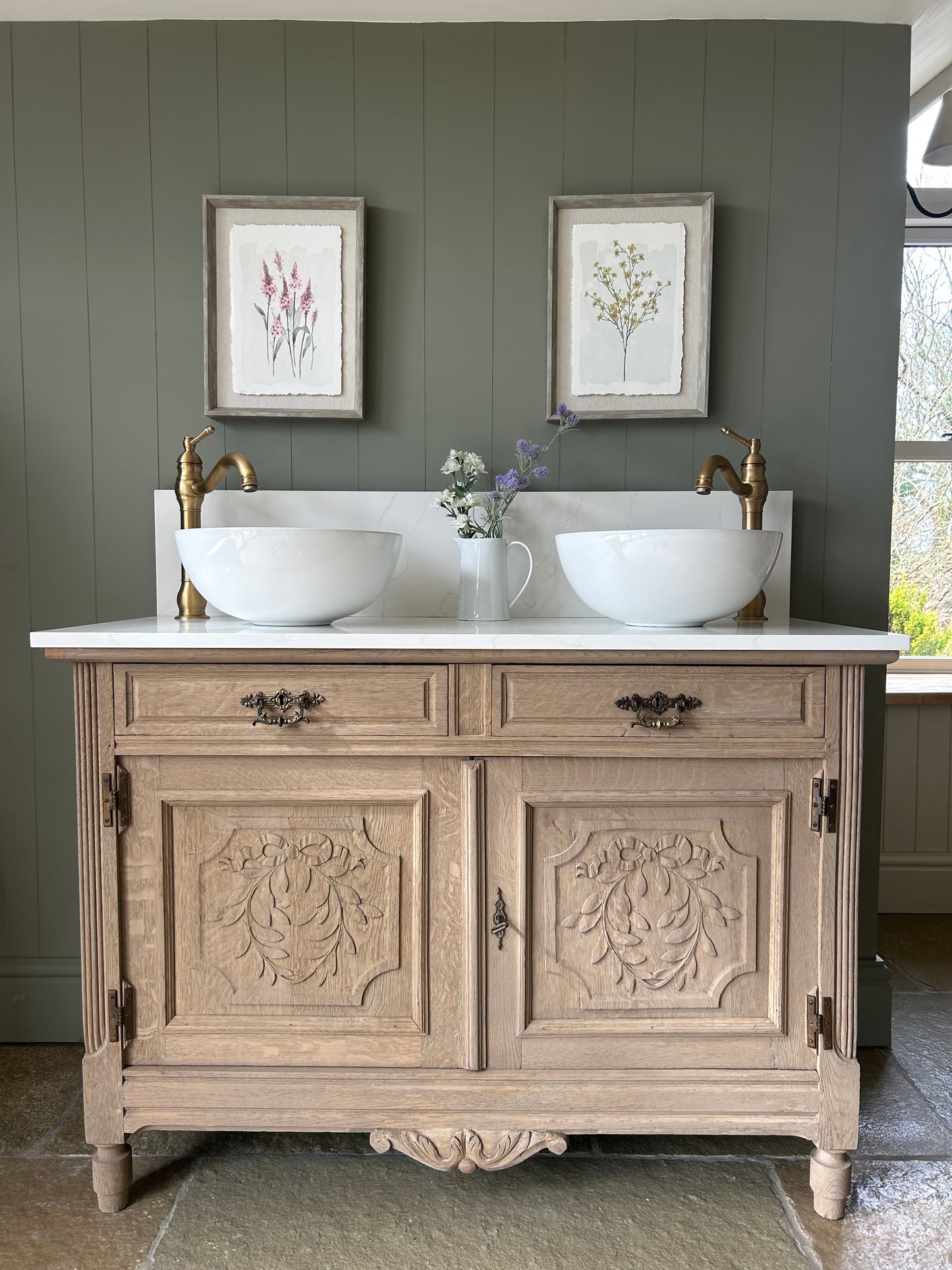 Vintage Double Vanity Sink with Marble / Quartz top and Upstand.