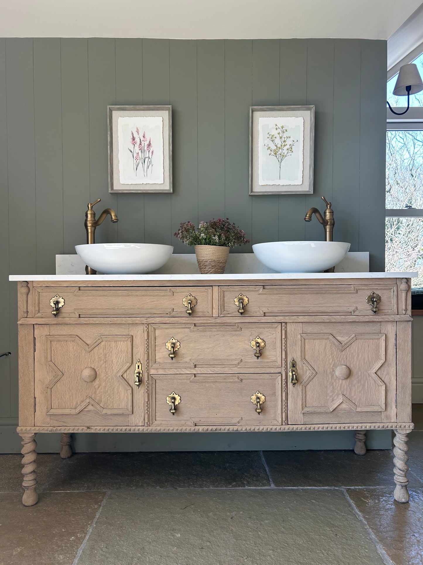 Vintage Oak Double vanity sink (147cm wide) quartz top, Upstand and basins