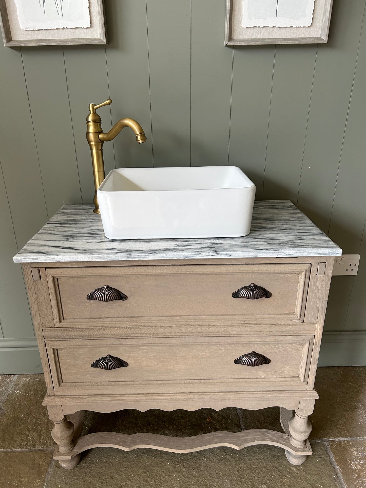 Vintage Marble Topped Vanity Sink finished in a Weathered Oak Style