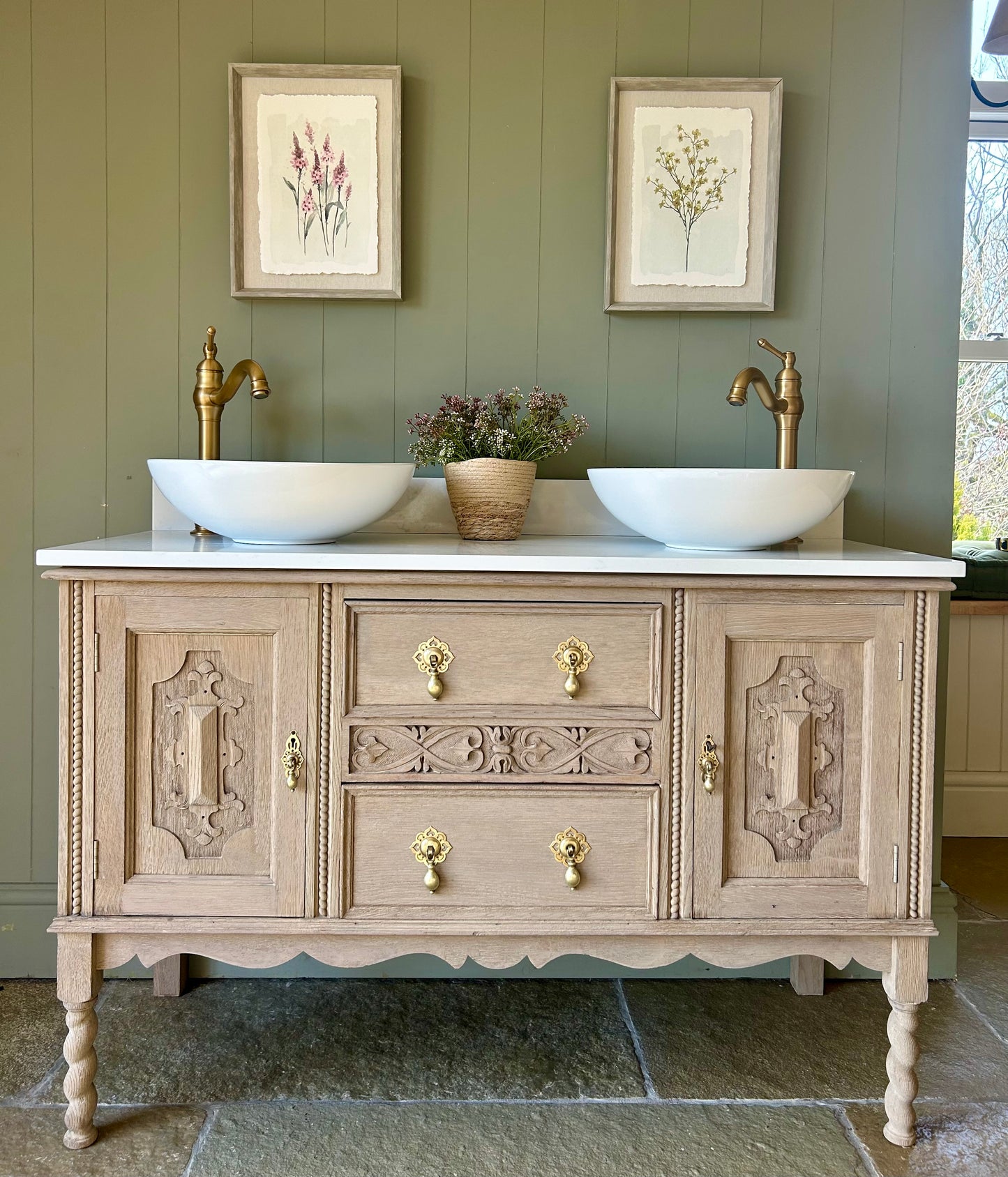 Double Vintage Oak Vanity Sink. Quartz top, Upstand and Basins 123cm wide