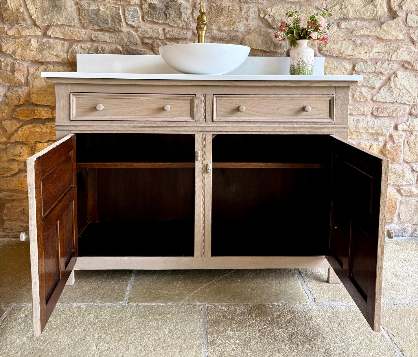 Vintage Light Oak Double/or Single Vanity Sink Unit, Quartz Top, Upstand and two basins (124cm wide)