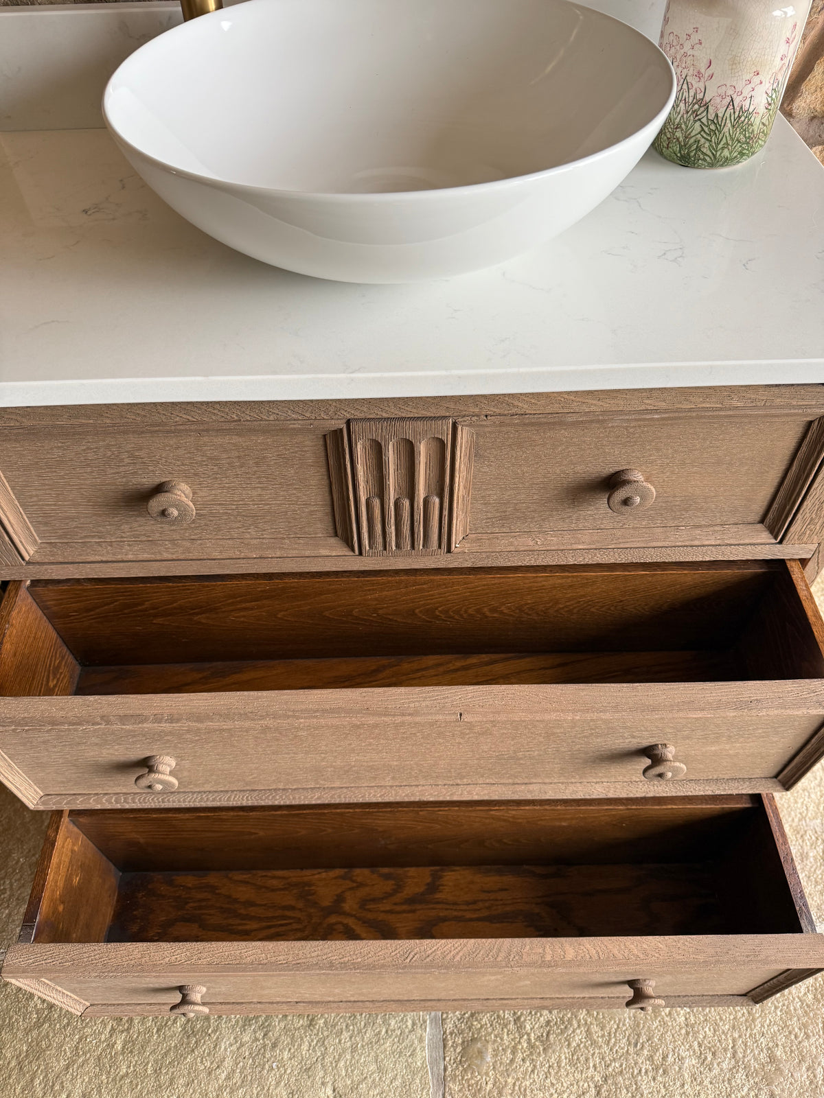 Vintage Oak Vanity Sink Unit, Quartz Top, Upstand and Basin (78cm wide)