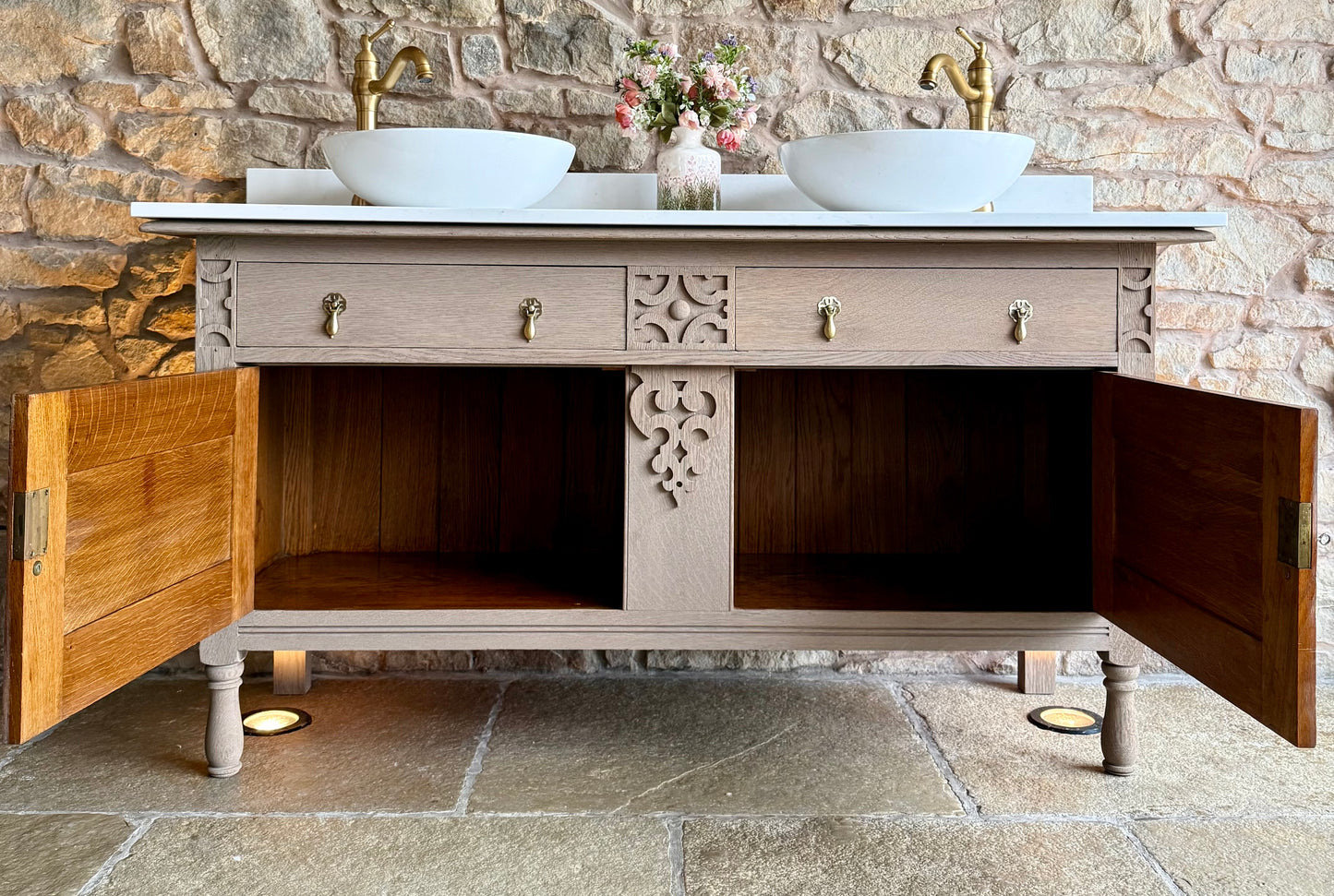 Vintage Oak Double Vanity Sink Unit, Carrara Quartz Top, Upstand and Basins (154cm wide) Finished in a Light Oak