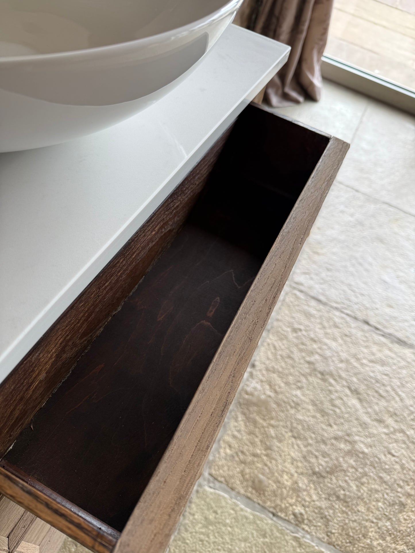 Small Vintage Oak Vanity Unit, Quartz top, Upstand and basin.