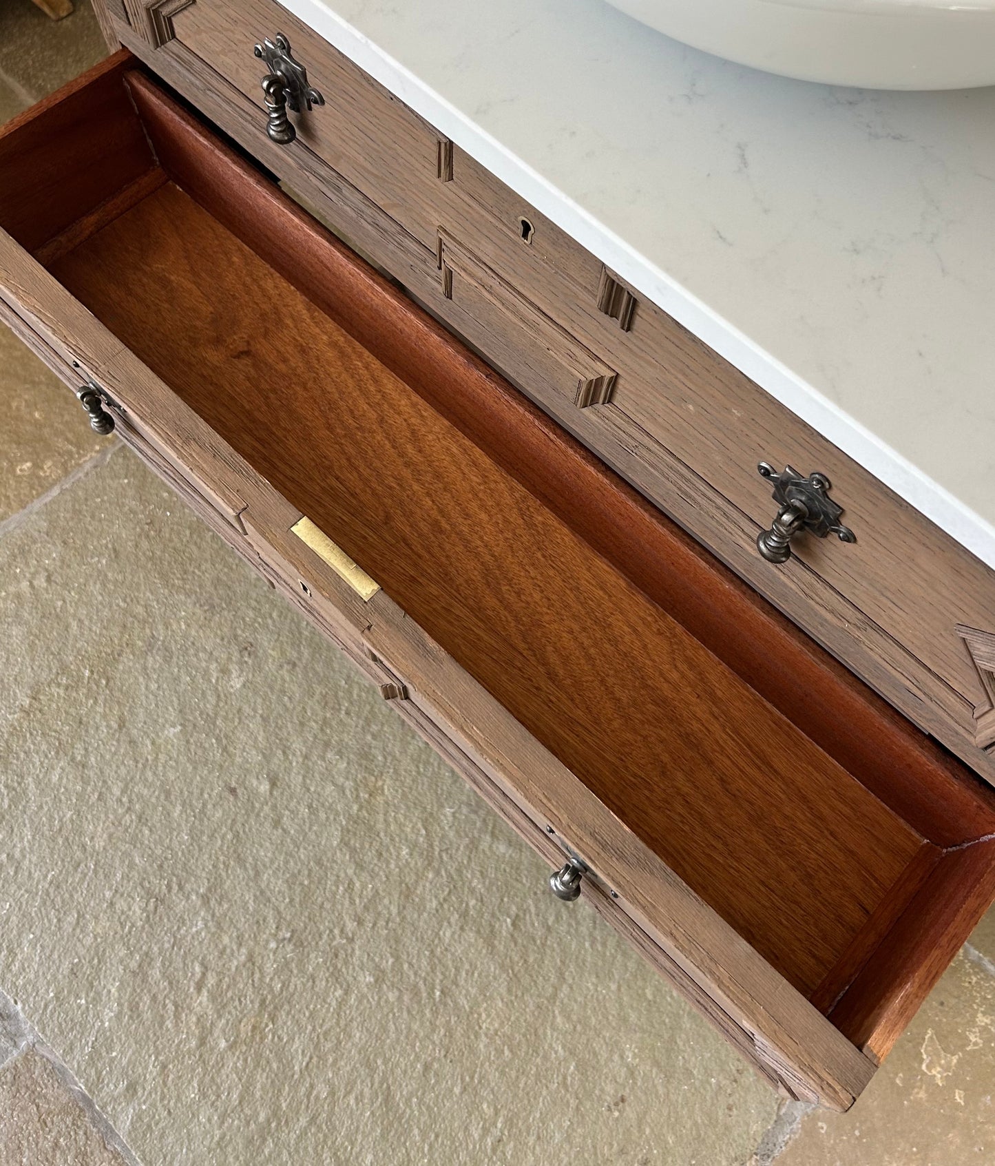 Vintage Single Mid Oak Vanity Sink, Quartz top, Upstand and basin (78cm wide)