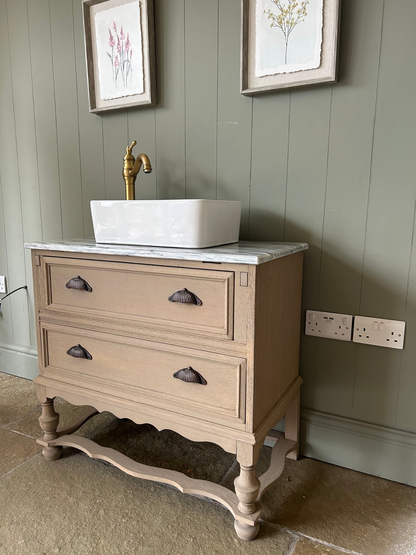 Vintage Marble Topped Vanity Sink finished in a Weathered Oak Style