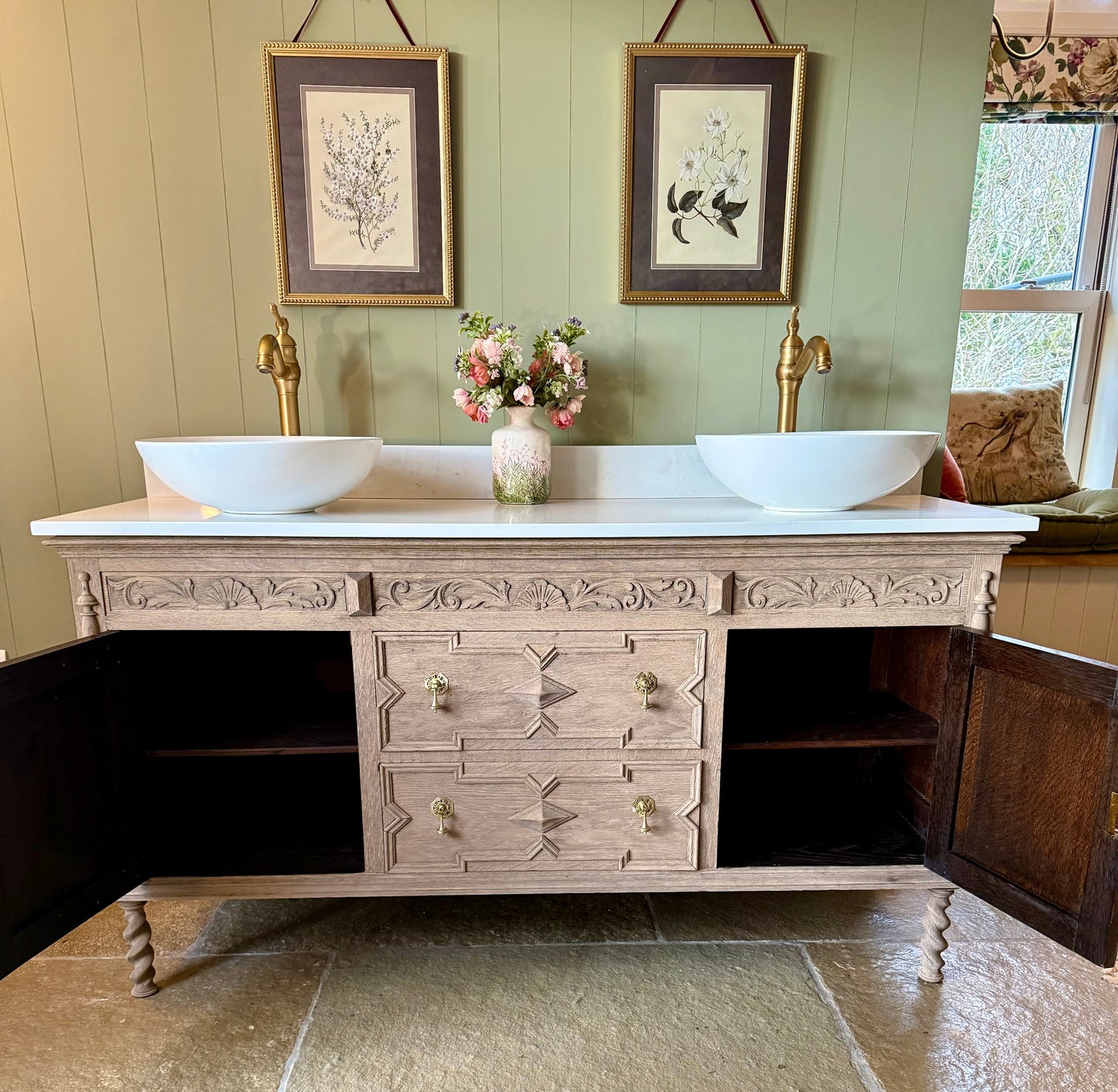 Large Double Vanity Sink Quartz Top, Upstand and Two Basins (155cm)