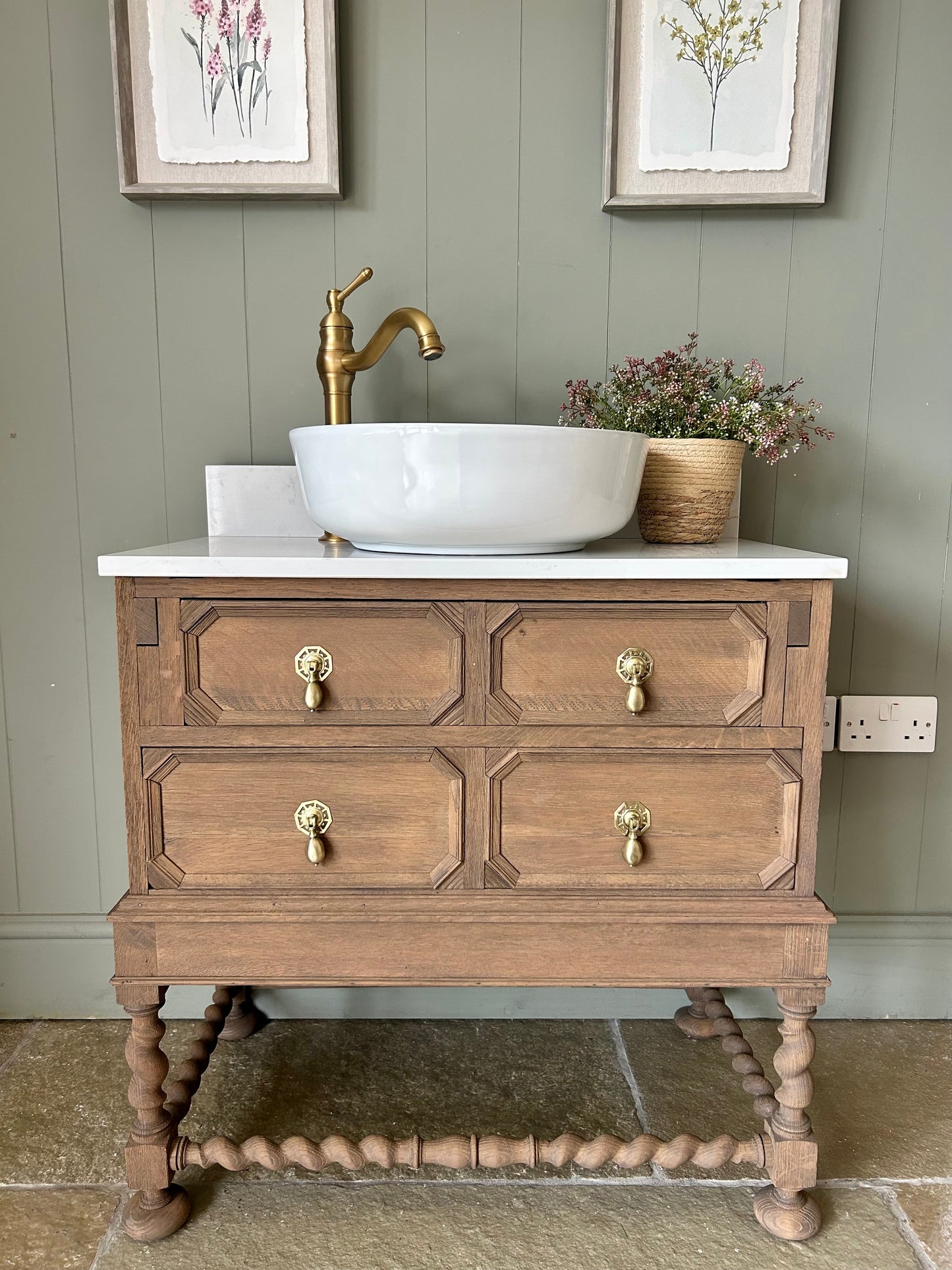 Vintage SolidOak Vanity Sink, Carrara Quartz top, Upstand and countertop basin. (76cm wide)