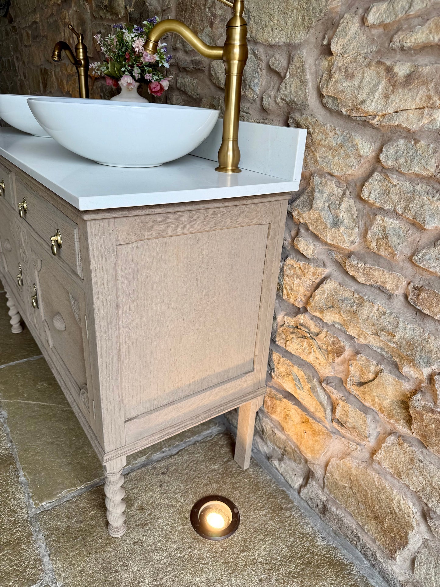 Vintage Light Oak Double Vanity Sink Unit, Carrara Quartz Top, Upstand and Basins (121cm wide)