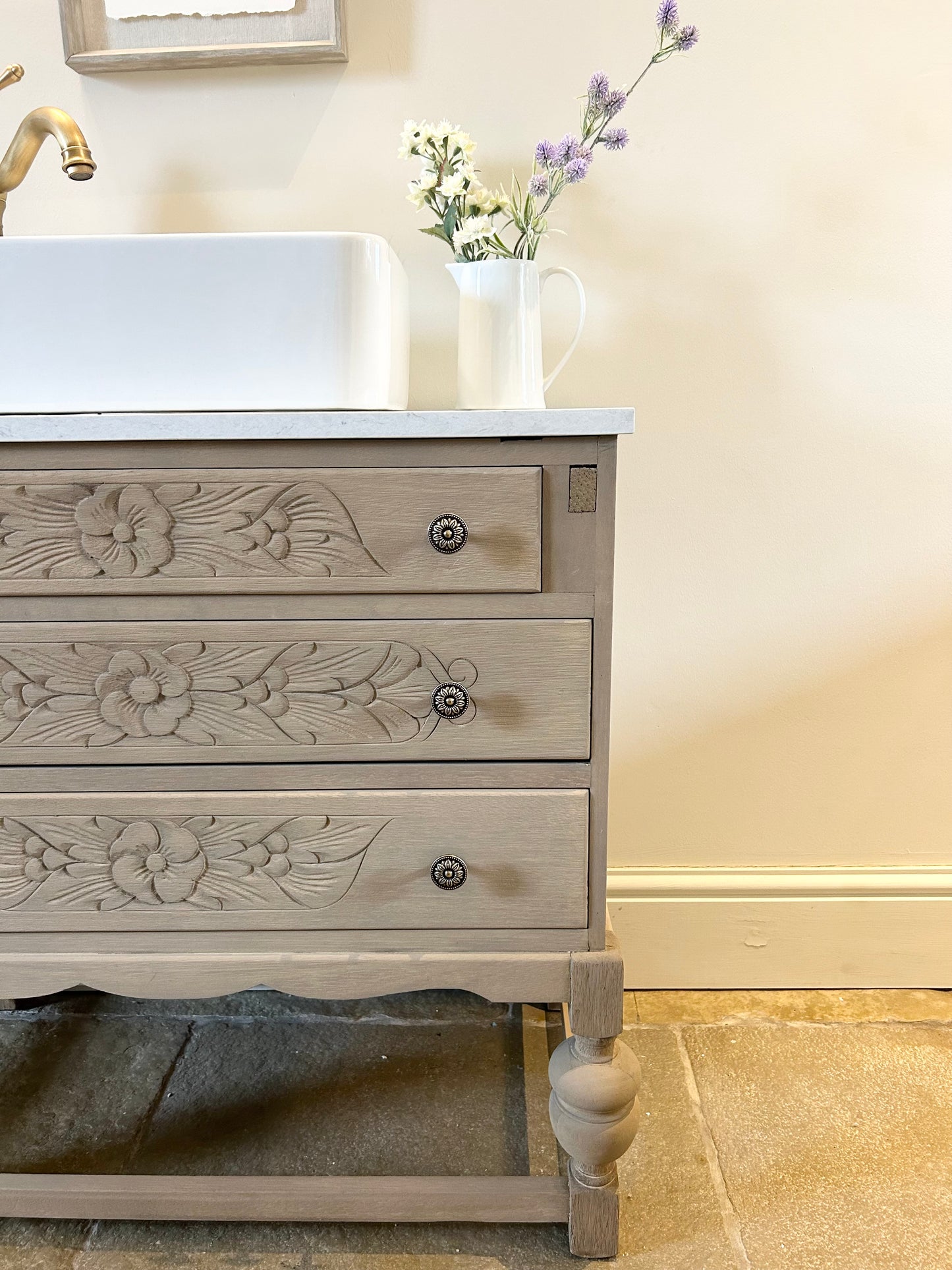 Vintage Floral Oak Vanity Sink Marble Top