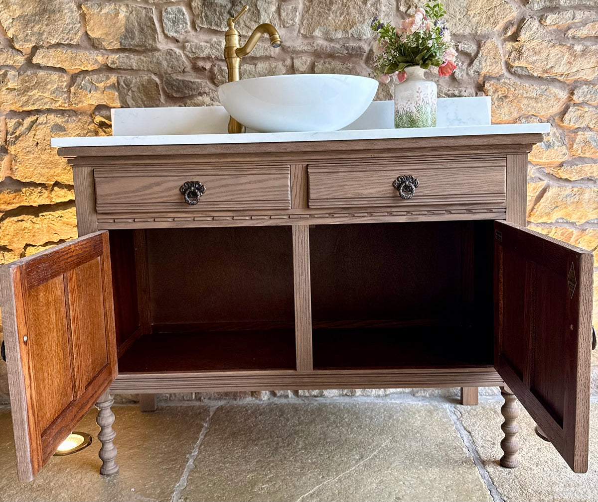Vintage Oak Vanity Sink Unit, Quartz Top, Upstand and Basin. (109cm wide)