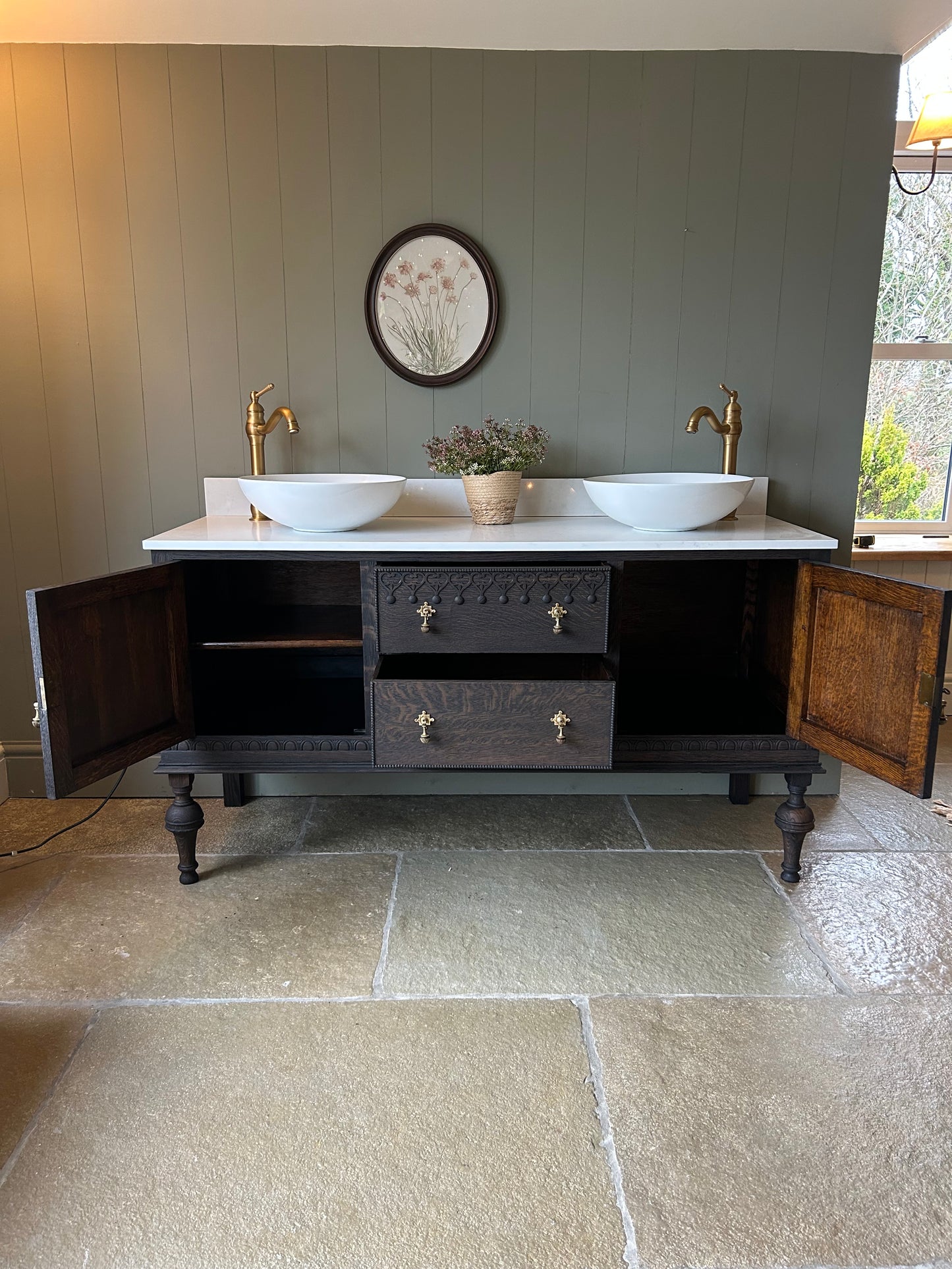 Double Vanity Sink. 154cm Wide. Quartz Top, Basins and Upstand.
