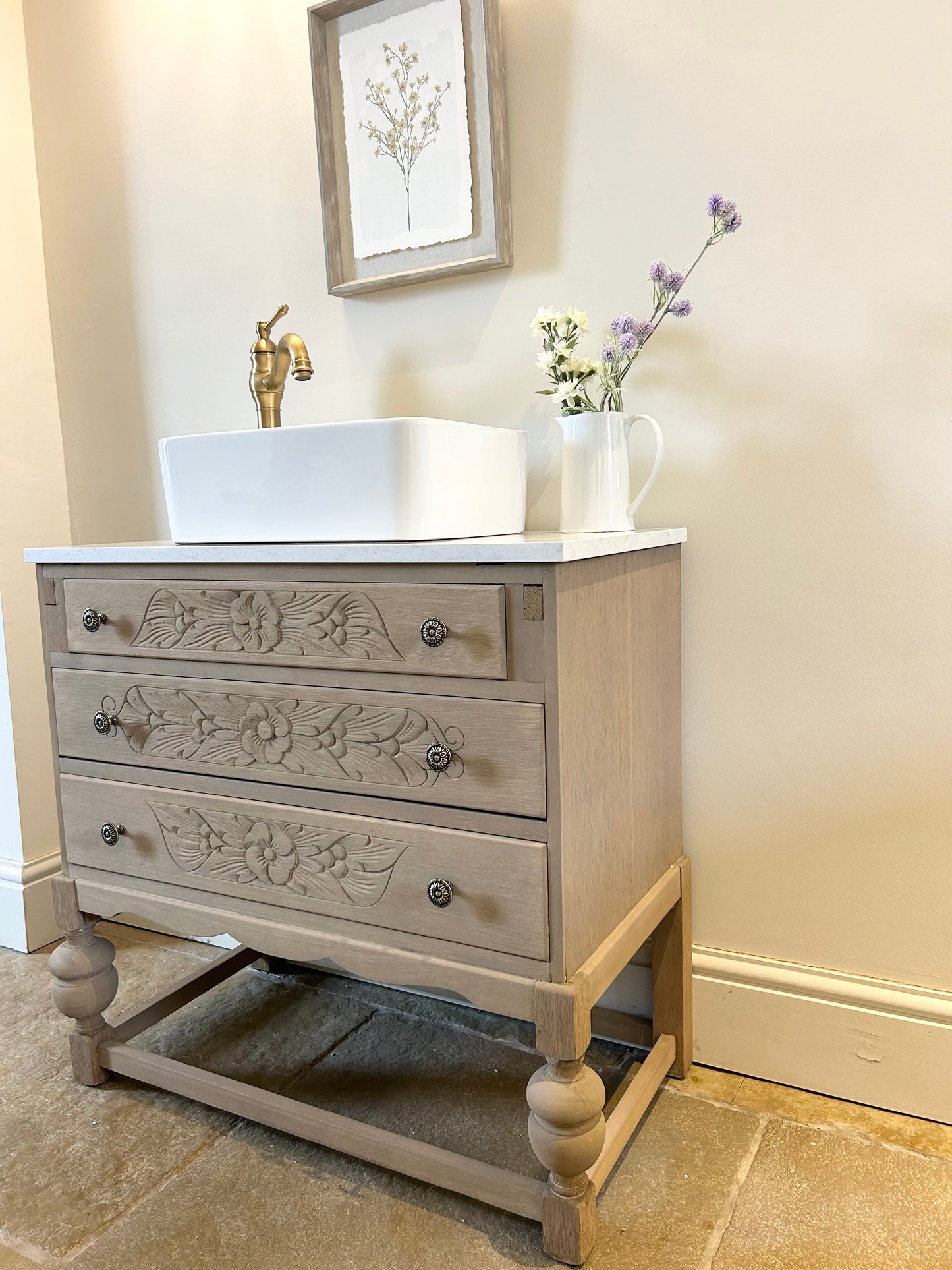 Vintage Floral Oak Vanity Sink Marble Top