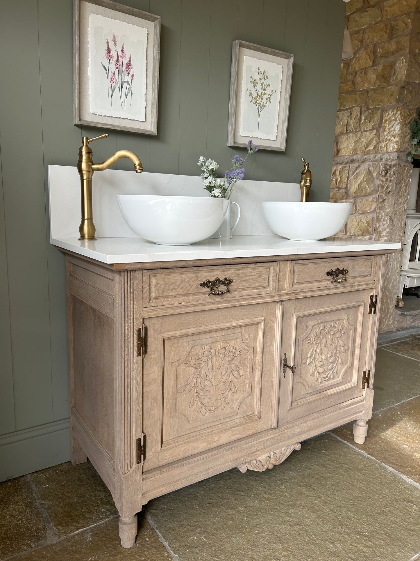 Vintage Double Vanity Sink with Marble / Quartz top and Upstand.