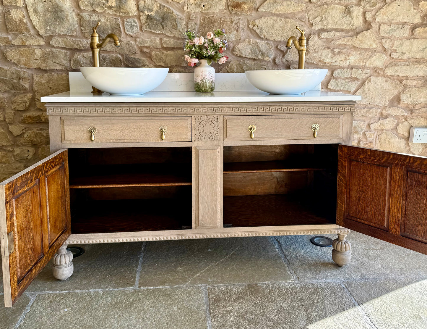 Vintage Double Oak Vanity Sink, Carrara Quartz top, Upstand and two basins. (138.5cm wide)