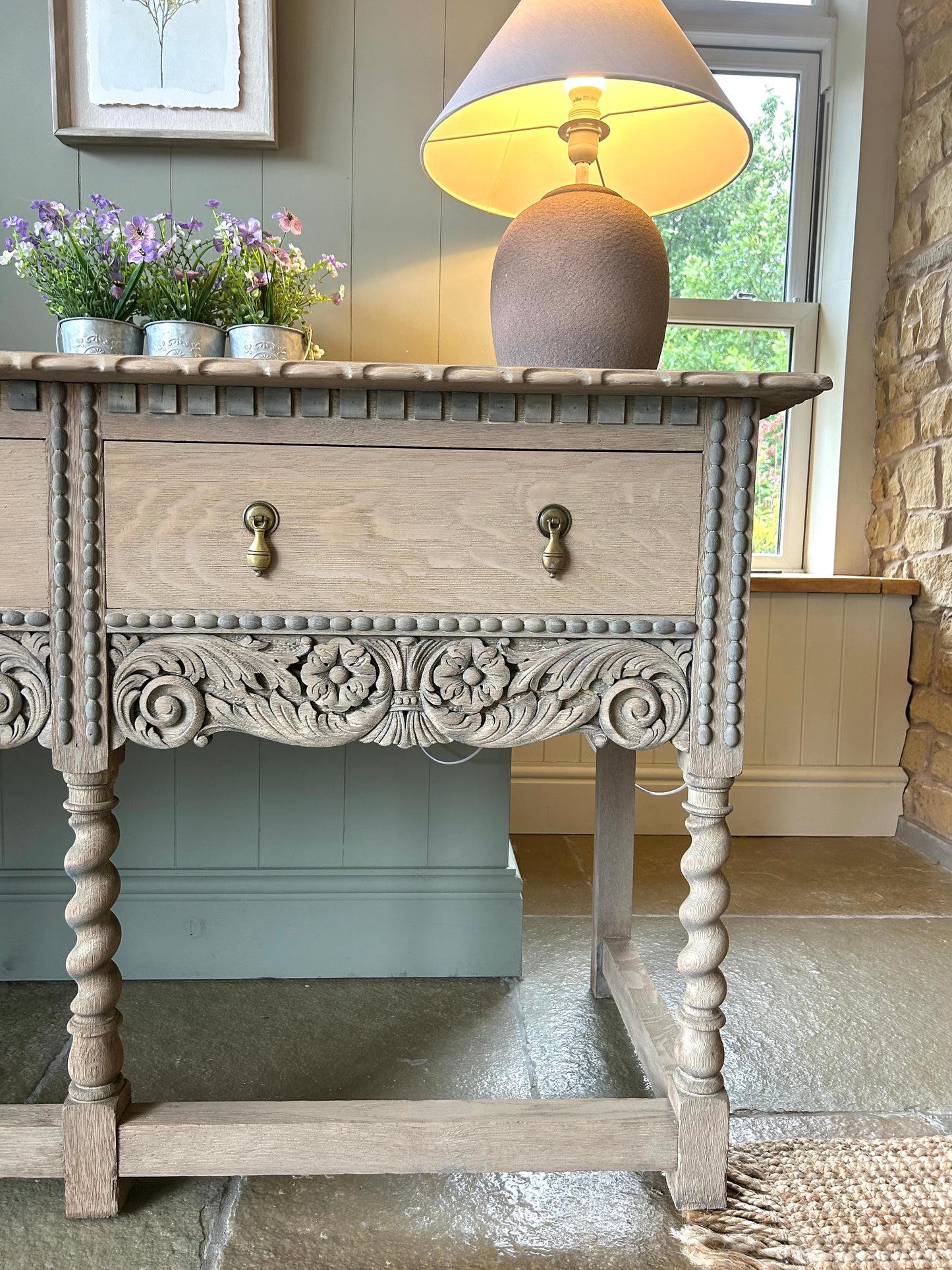 Large Carved Solid Oak Console Table finished in a weathered oak