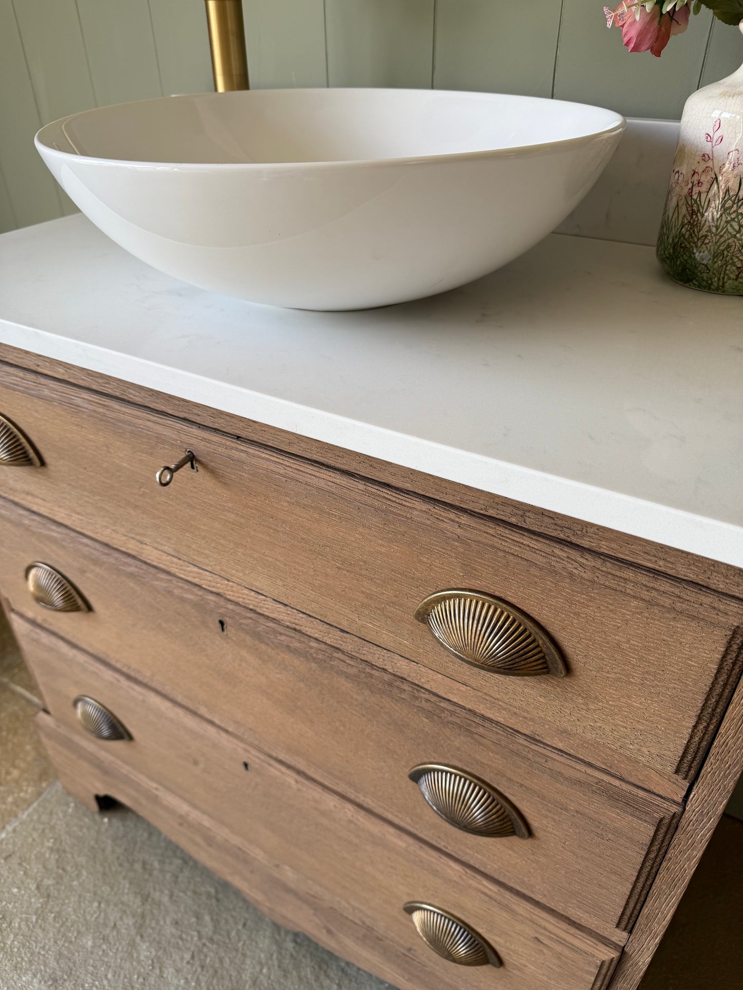 Antique Oak Single Vanity Sink, Carrara Quartz top, Upstand and Basin (76cm wide)
