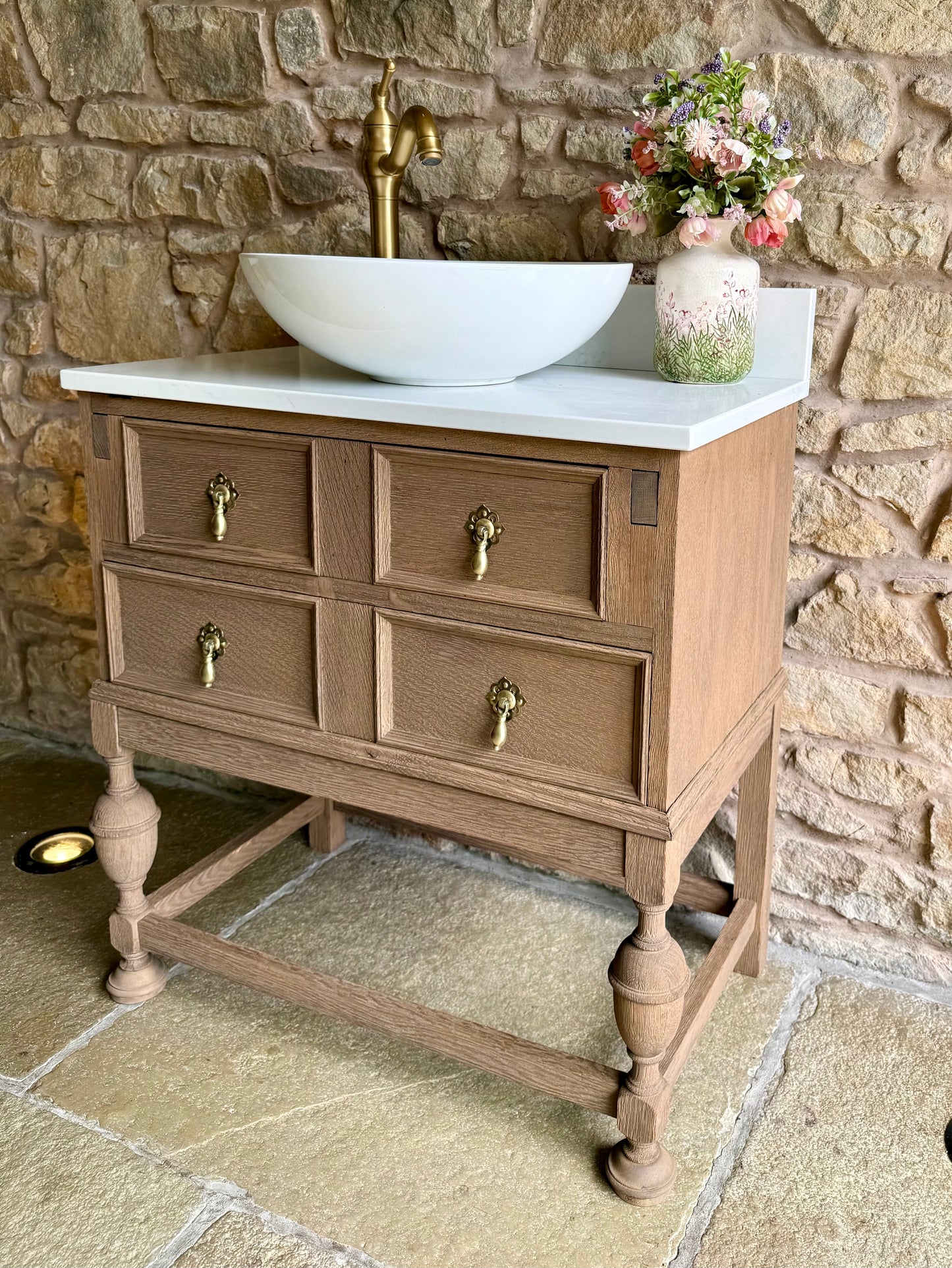 Small Vintage Oak Vanity Sink Unit, Carrara Quartz Top, Upstand and basin (71cm wide)