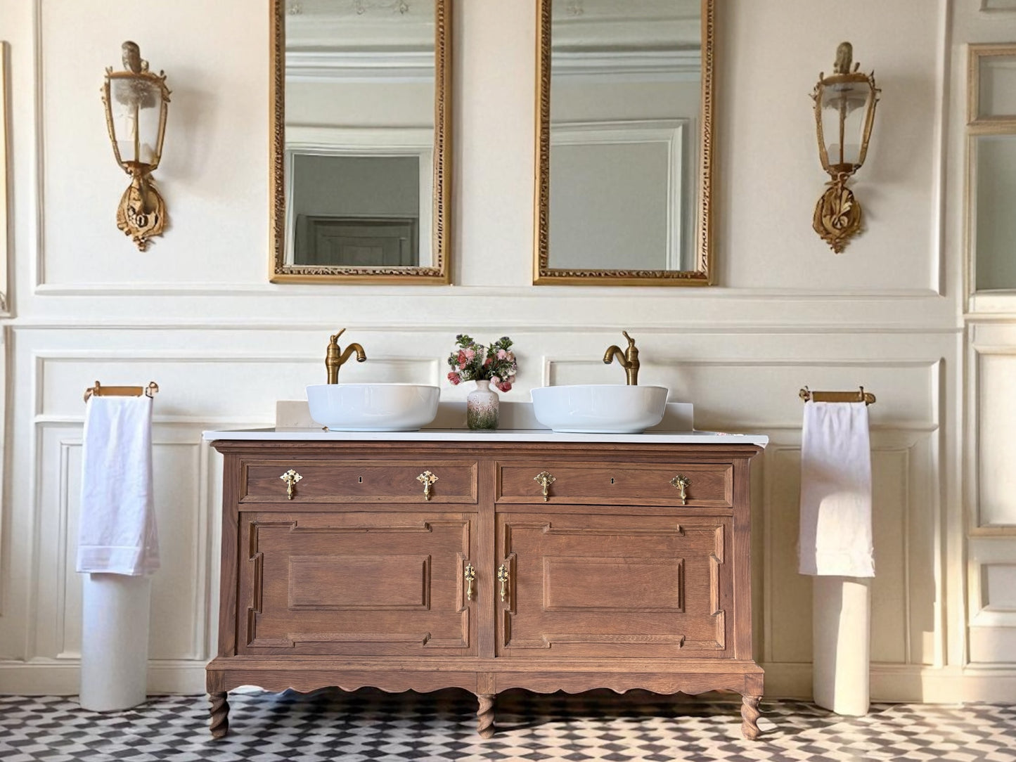 Vintage Oak Double Vanity Sink, Quartz top, Upstand and two basins. (153cm wide)