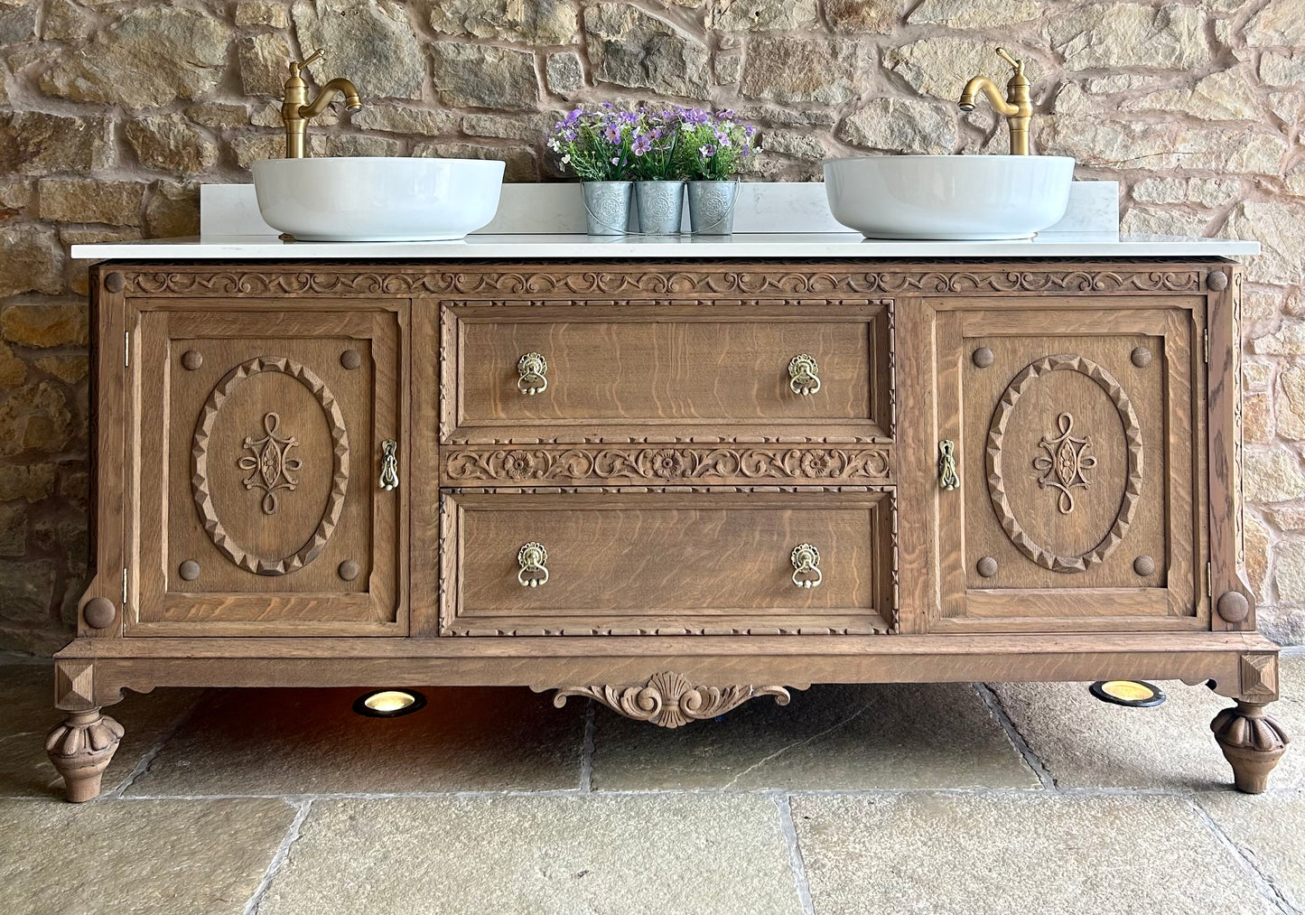 Extra Large Double Vanity Sink in Mid Oak, two counter top basins, Quartz top and Upstand. (181cm wide)