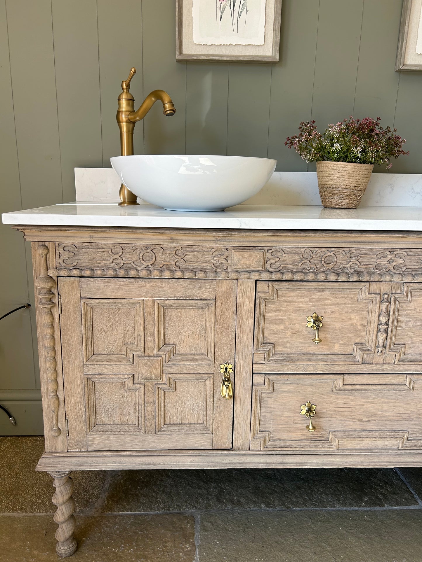 Vintage Solid Oak Vanity Sink, Quartz top, Upstand and basins. 155cm wide