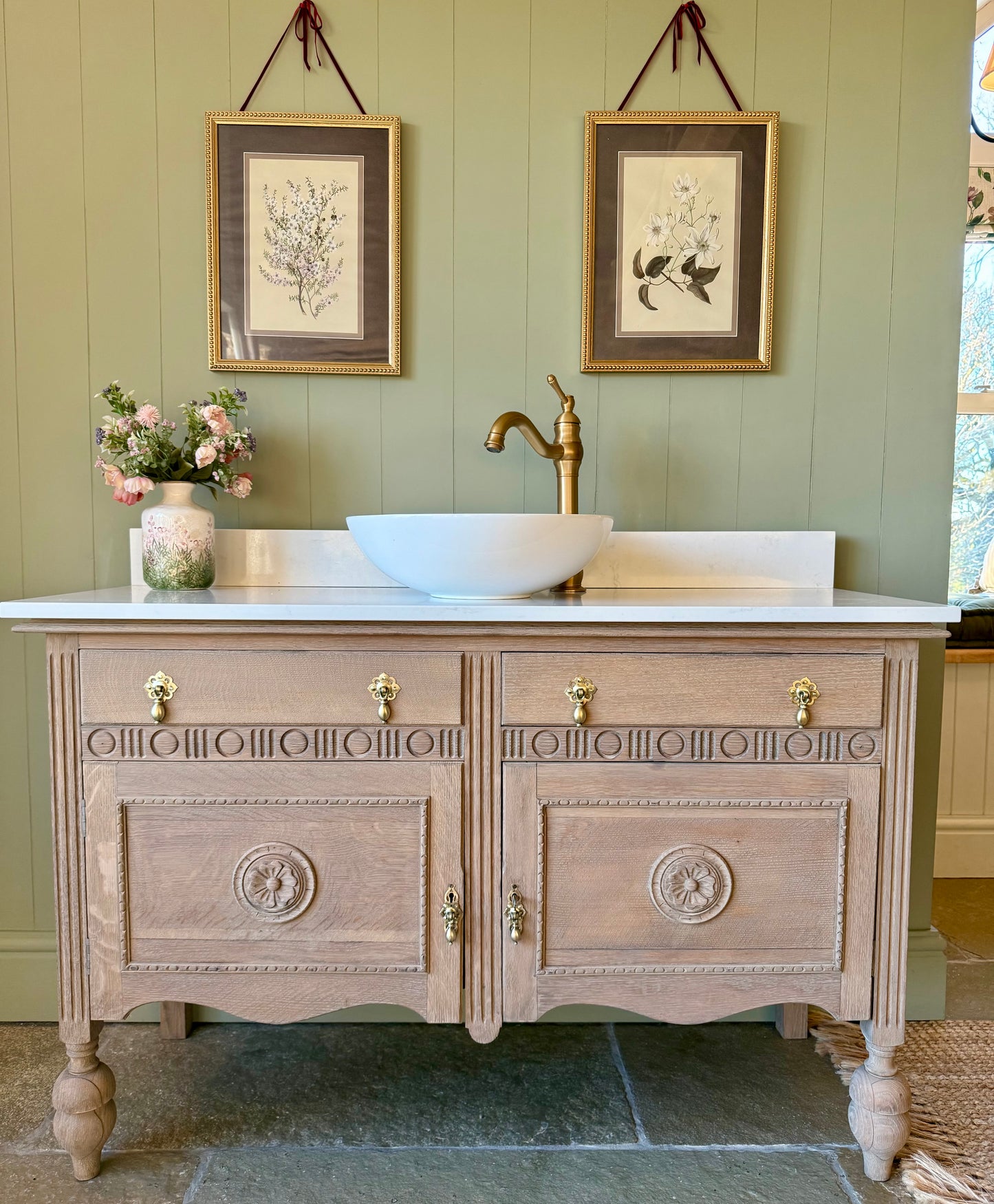 Double solid oak Vanity Sink, Carrara Quartz Top, Upstand and two basins. (123.5cm wide)