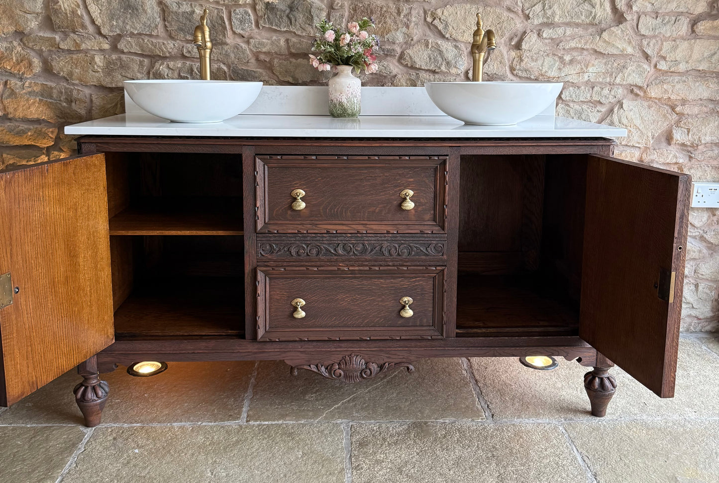 Beautiful Carved Oak Double Vanity Sink, Quartz Top, Upstand and two basins. (150.5cm)