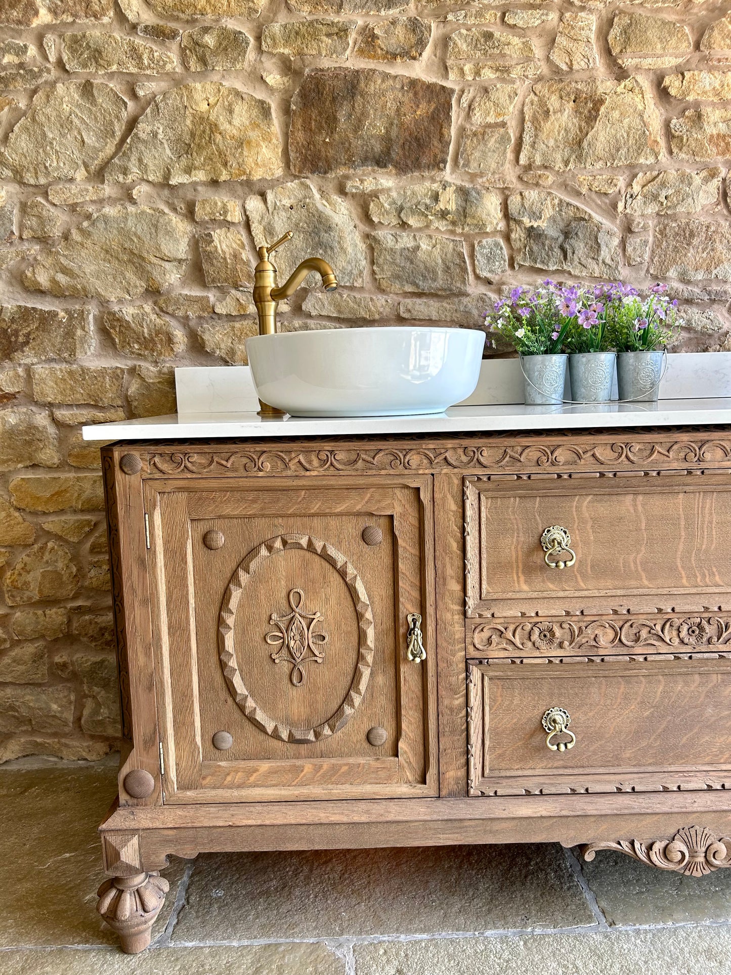 Extra Large Double Vanity Sink in Mid Oak, two counter top basins, Quartz top and Upstand. (181cm wide)