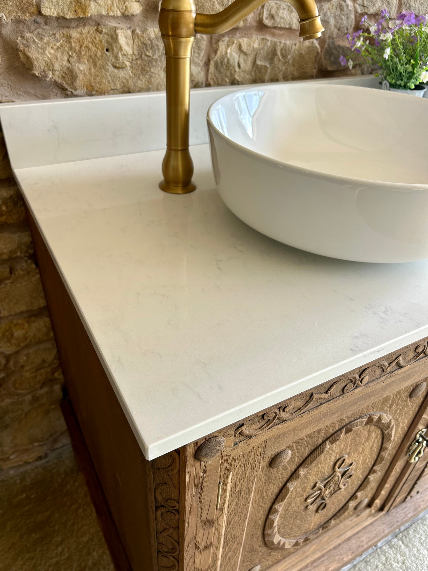 Extra Large Double Vanity Sink in Mid Oak, two counter top basins, Quartz top and Upstand. (181cm wide)