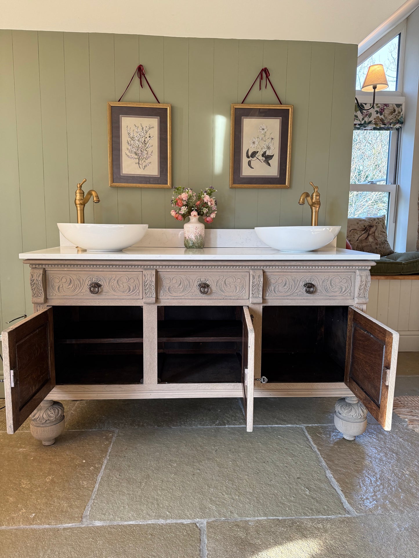 Solid Oak Vintage Double Vanity Sink Unit, Quartz top, Upstand and two basins