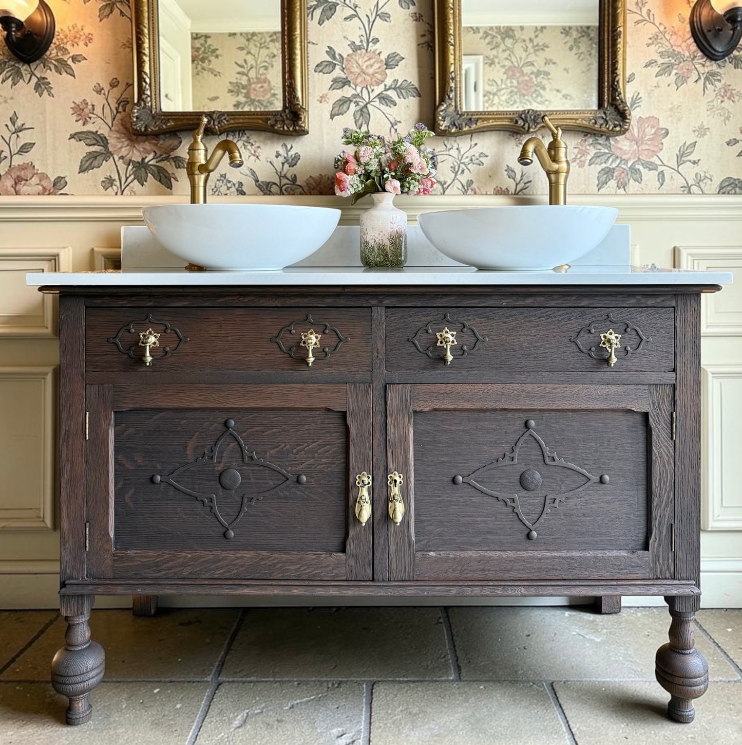 Classic Dark Oak Vintage Vanity Sink Unit, Quartz Top, Upstand and Basins (124cm wide)