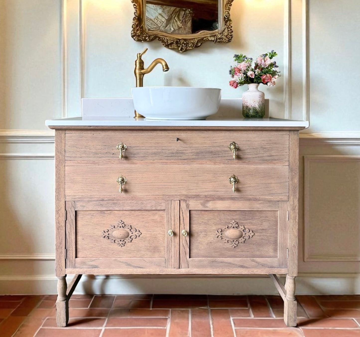 Vintage Single Vanity Sink (mid oak), Carrara Quartz top, Upstand and basin (101cm wide)