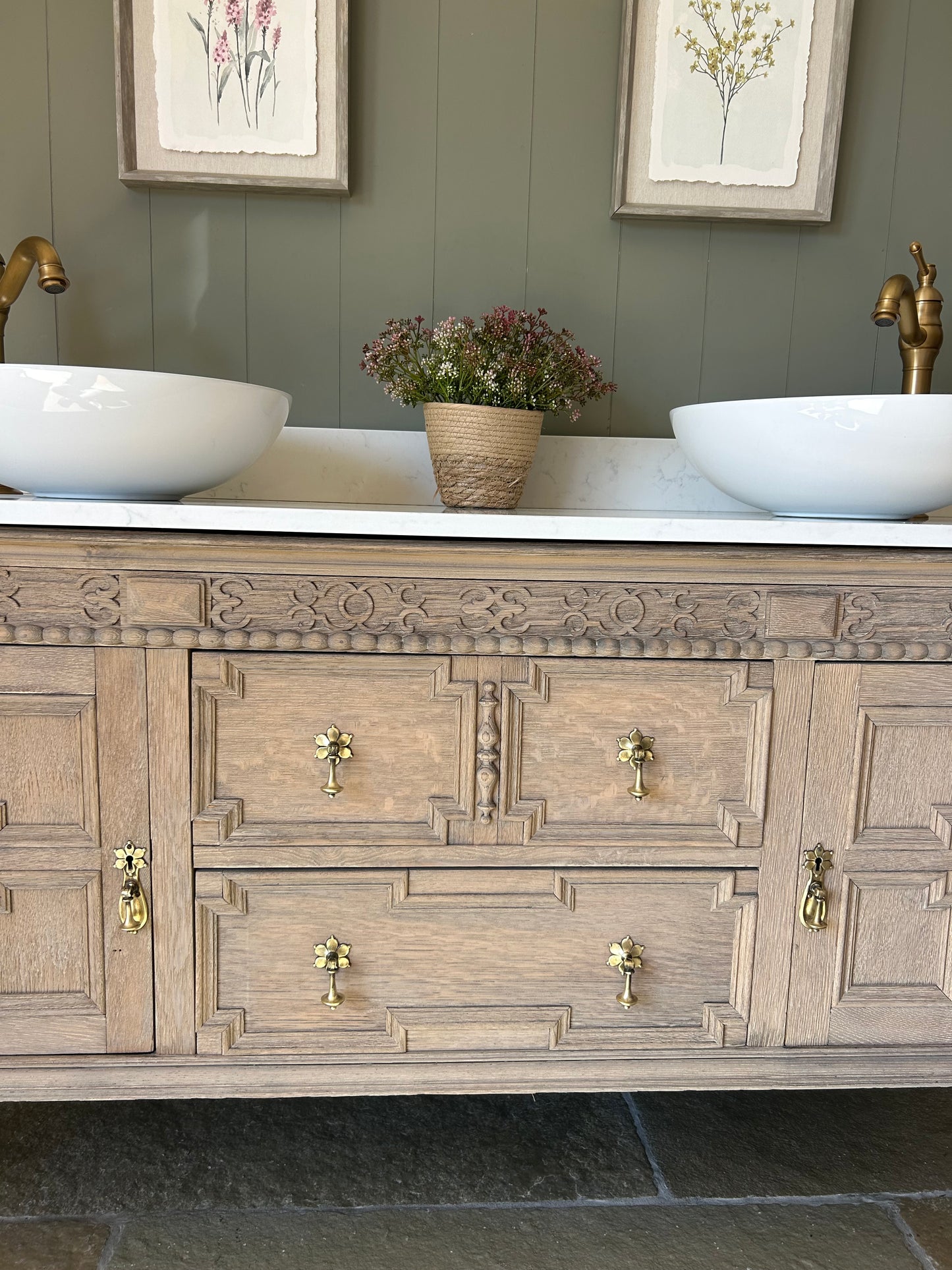 Vintage Solid Oak Vanity Sink, Quartz top, Upstand and basins. 155cm wide