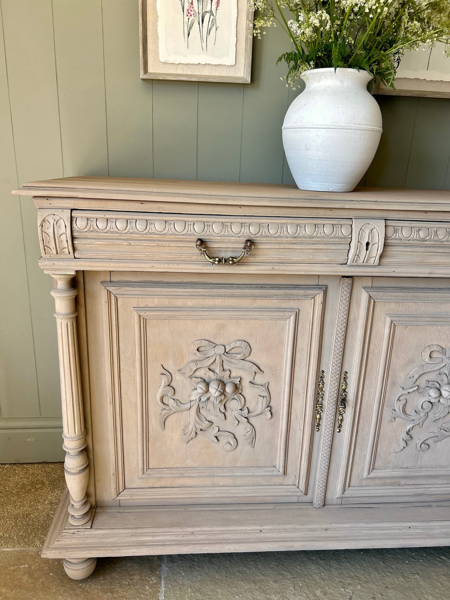 Antique Pretty Carved Solid Oak Sideboard