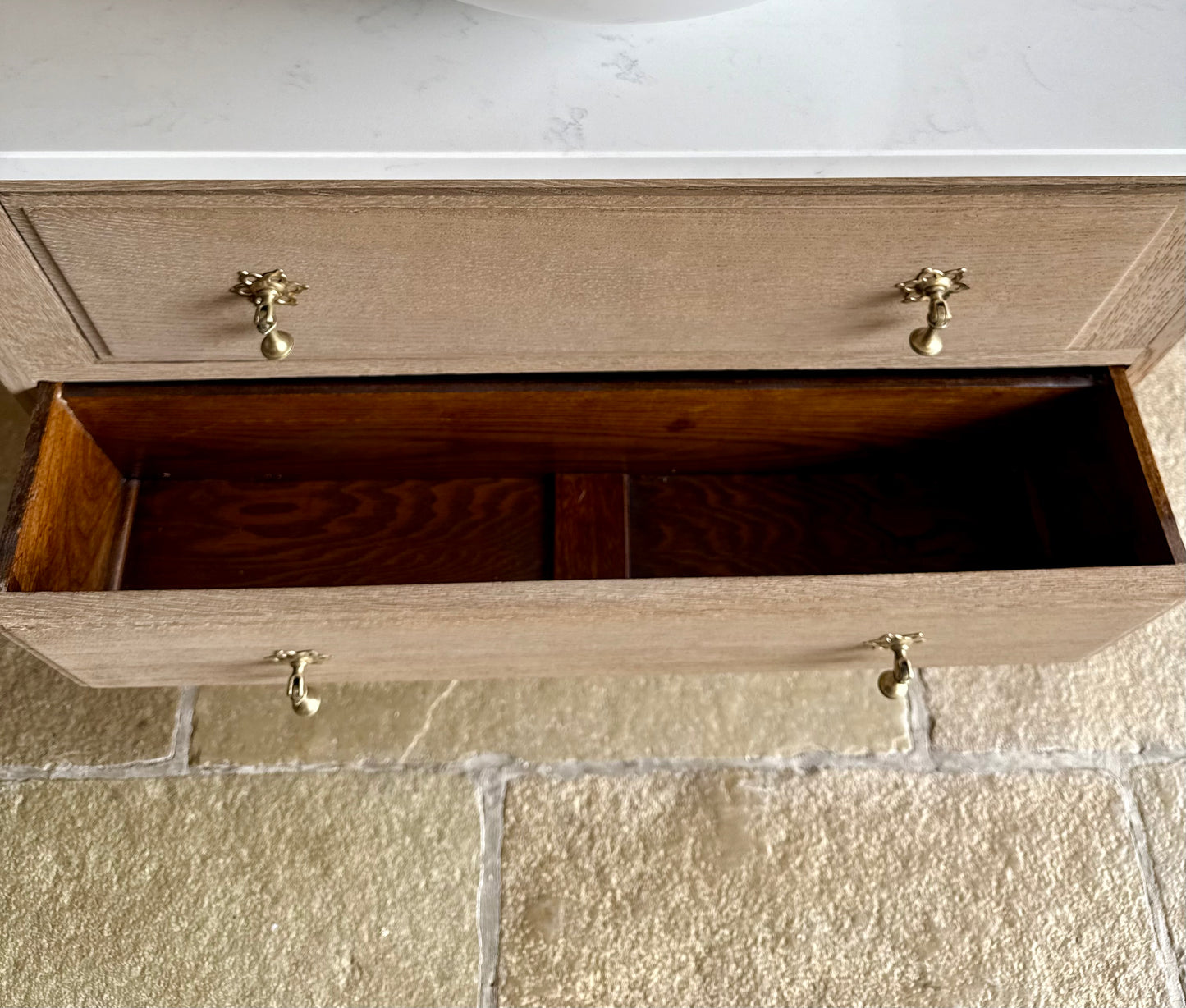 Small Vintage Oak Vanity Sink, Quartz Top, Upstand and Basin (75cm wide)