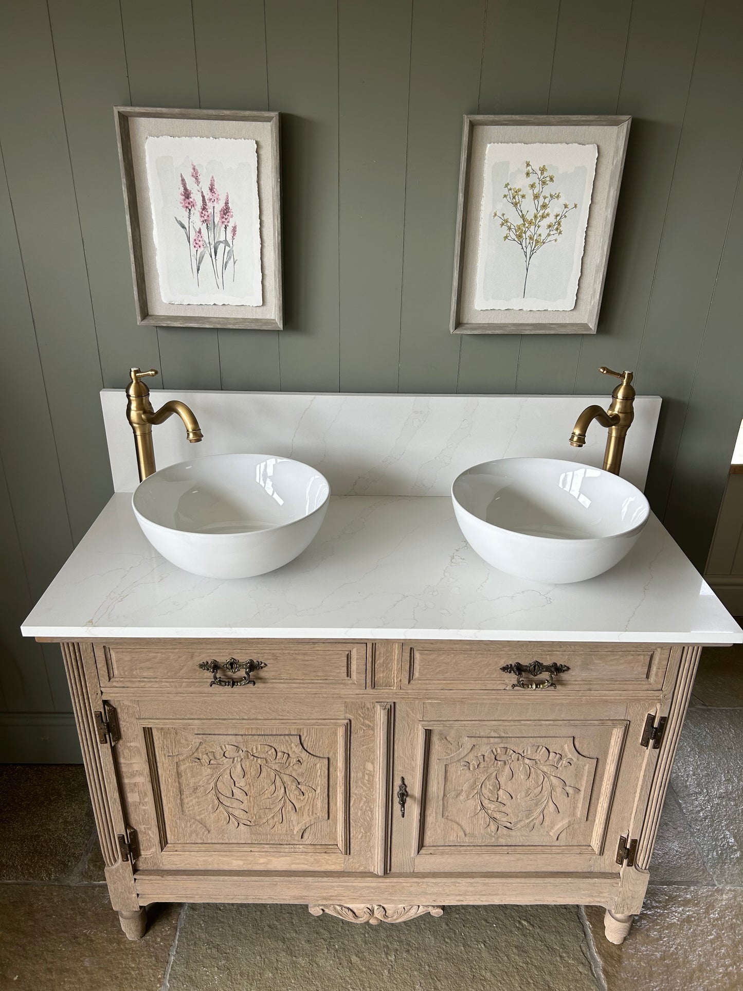 Vintage Double Vanity Sink with Marble / Quartz top and Upstand.