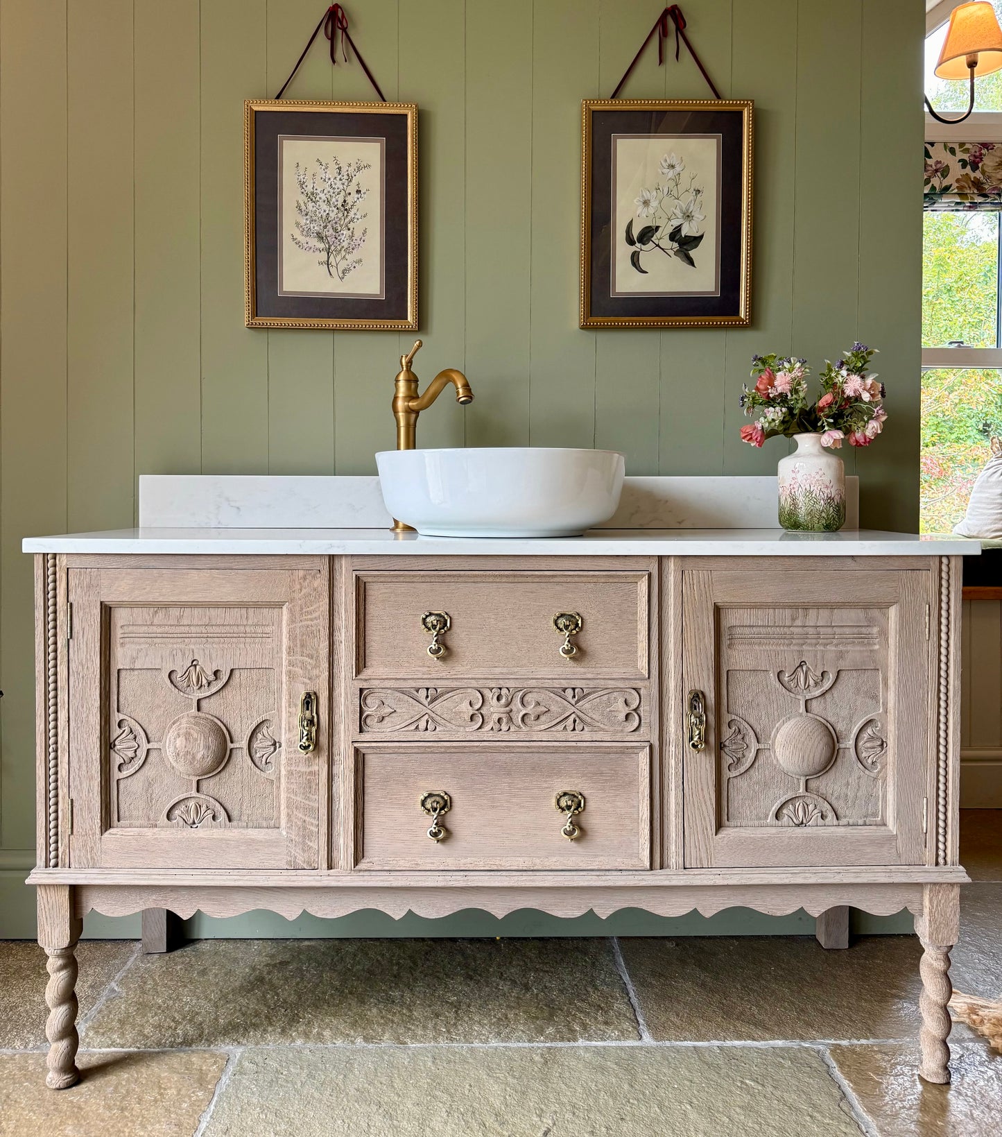 Vintage Solid Oak Double Vanity Sink, Carrara Quartz top and two basins. (137cm wide)