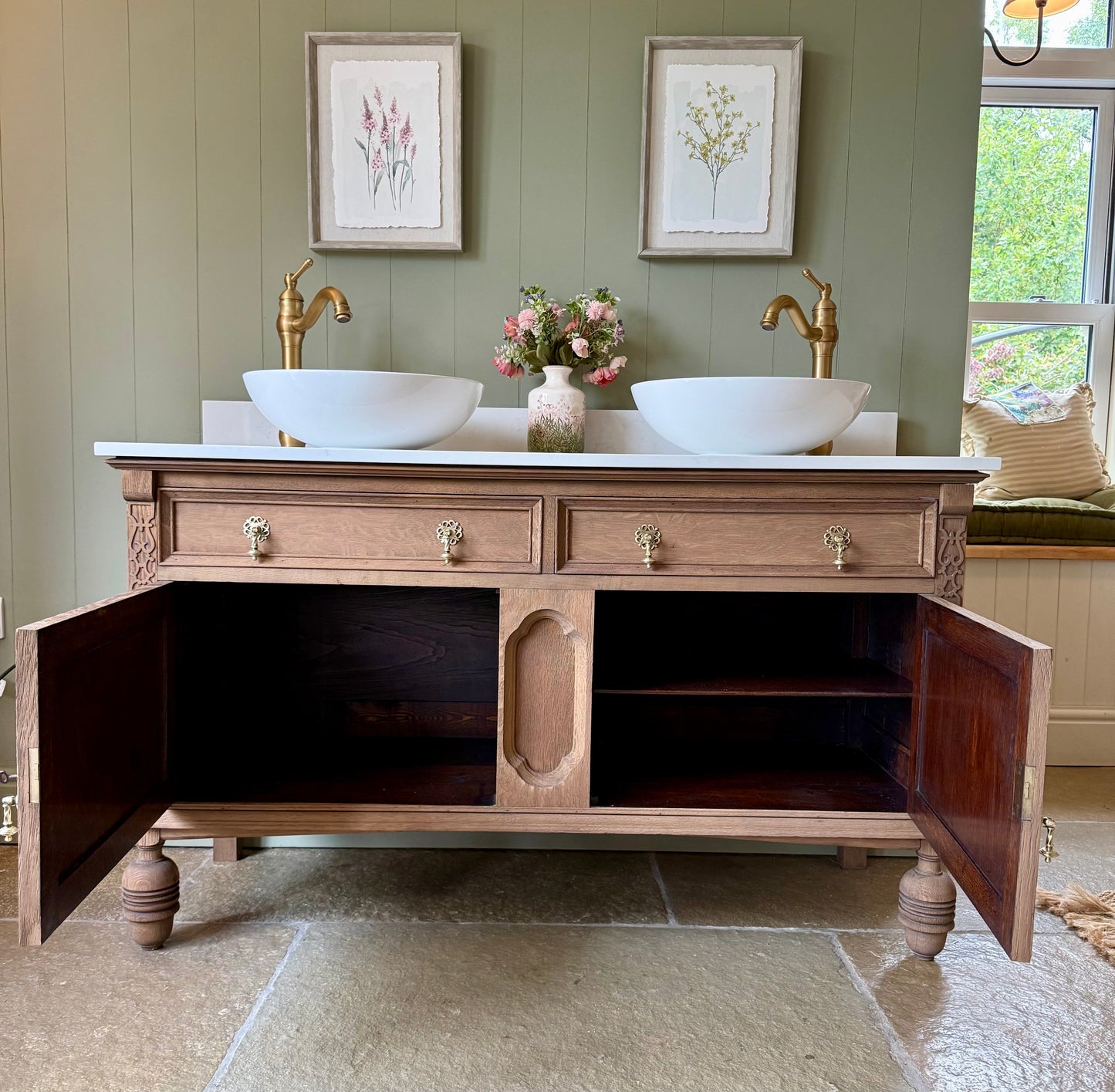 Vintage Mid Oak Vanity Sink, Quartz top, Upstand and two basins. (138cm wide)