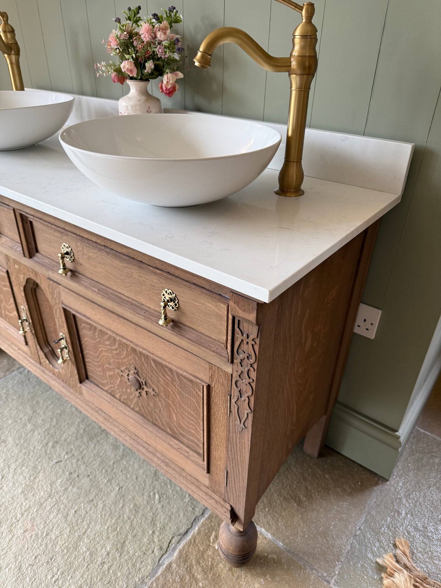 Vintage Mid Oak Vanity Sink, Quartz top, Upstand and two basins. (138cm wide)