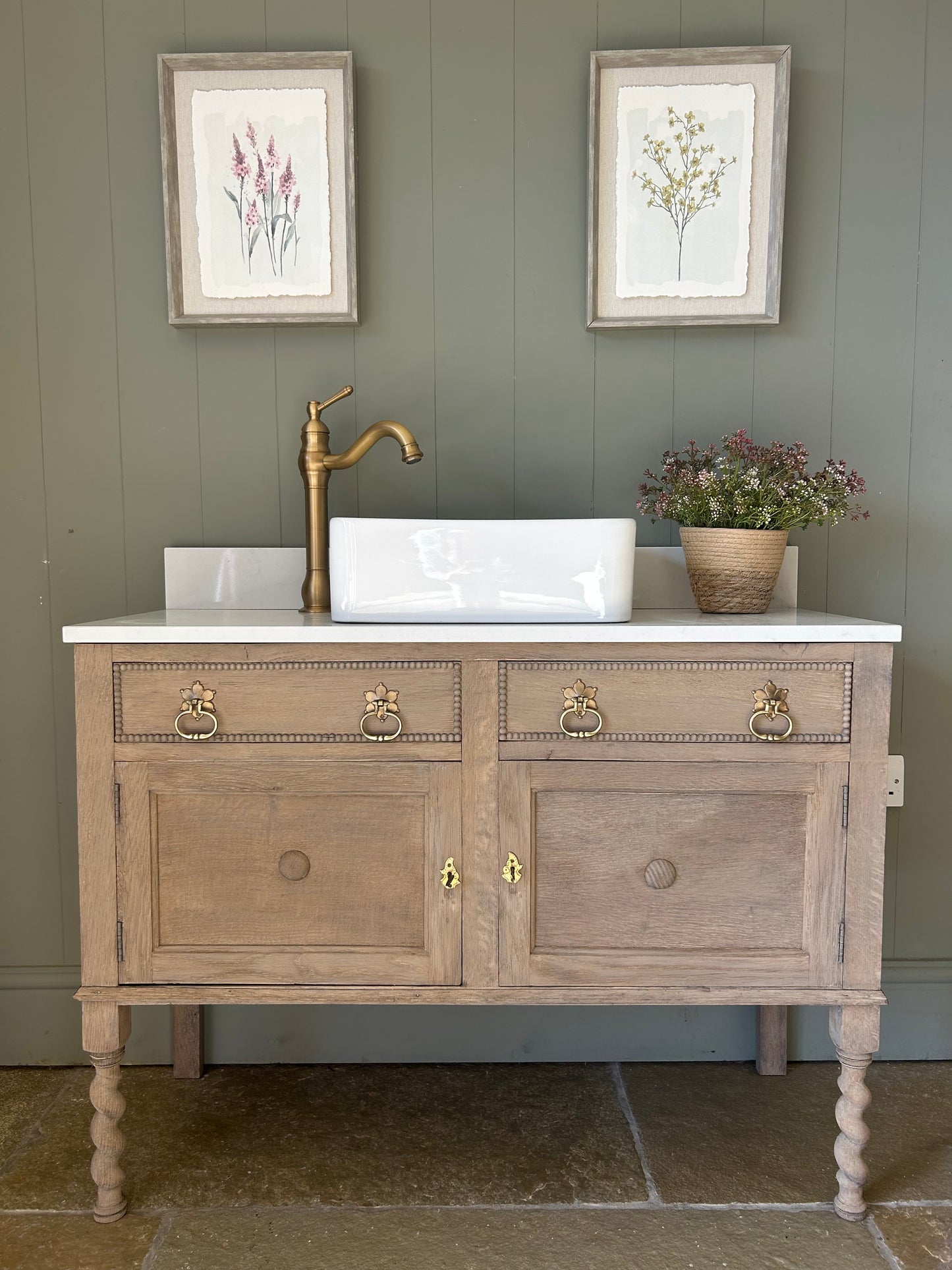 Rustic light Oak Vanity sink with quartz top, basin and Upstand.
