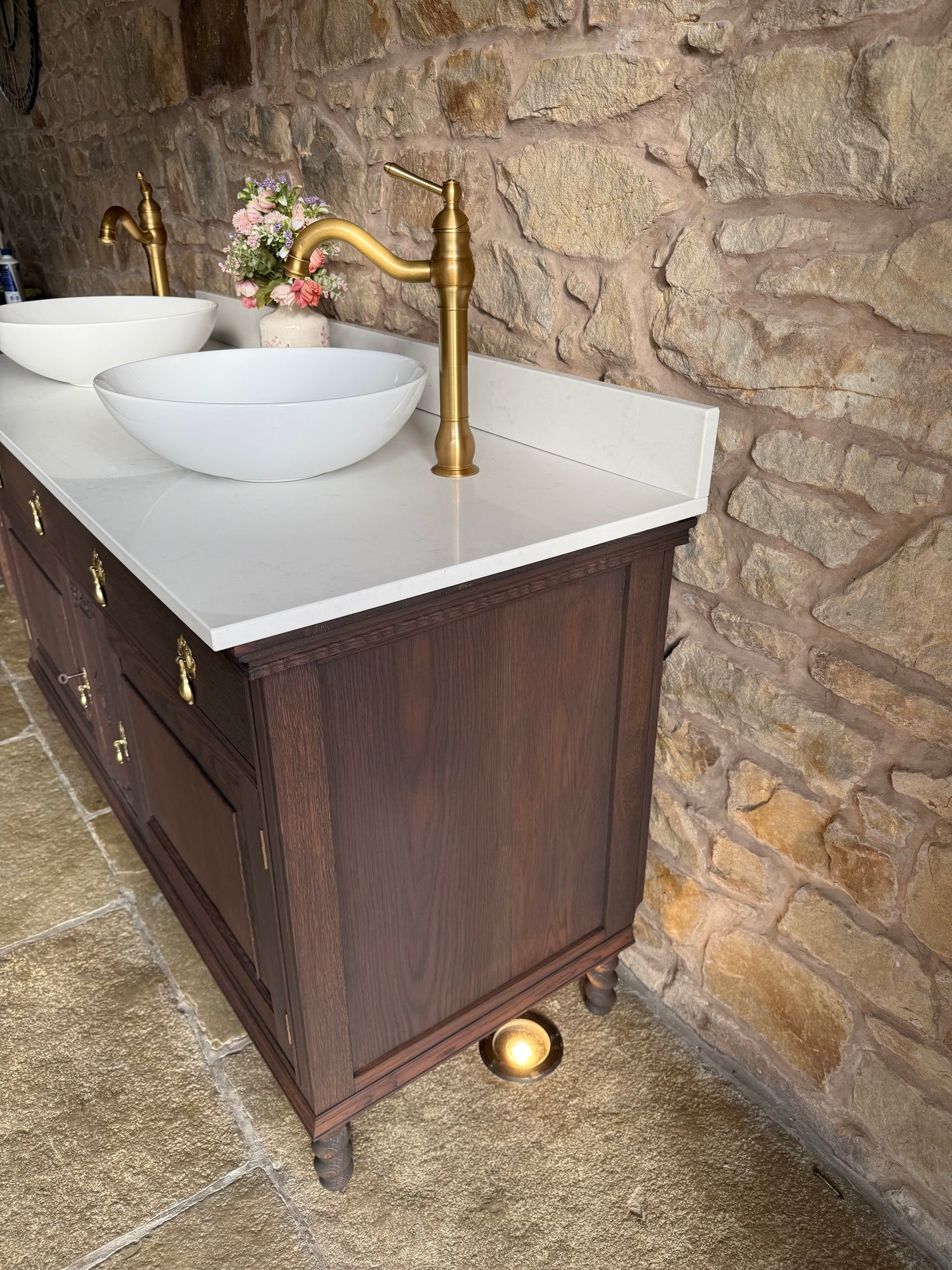 Vintage Solid Oak Vanity Sink, in a Classic Dark Oak, Quartz Top, Upstand and two basins